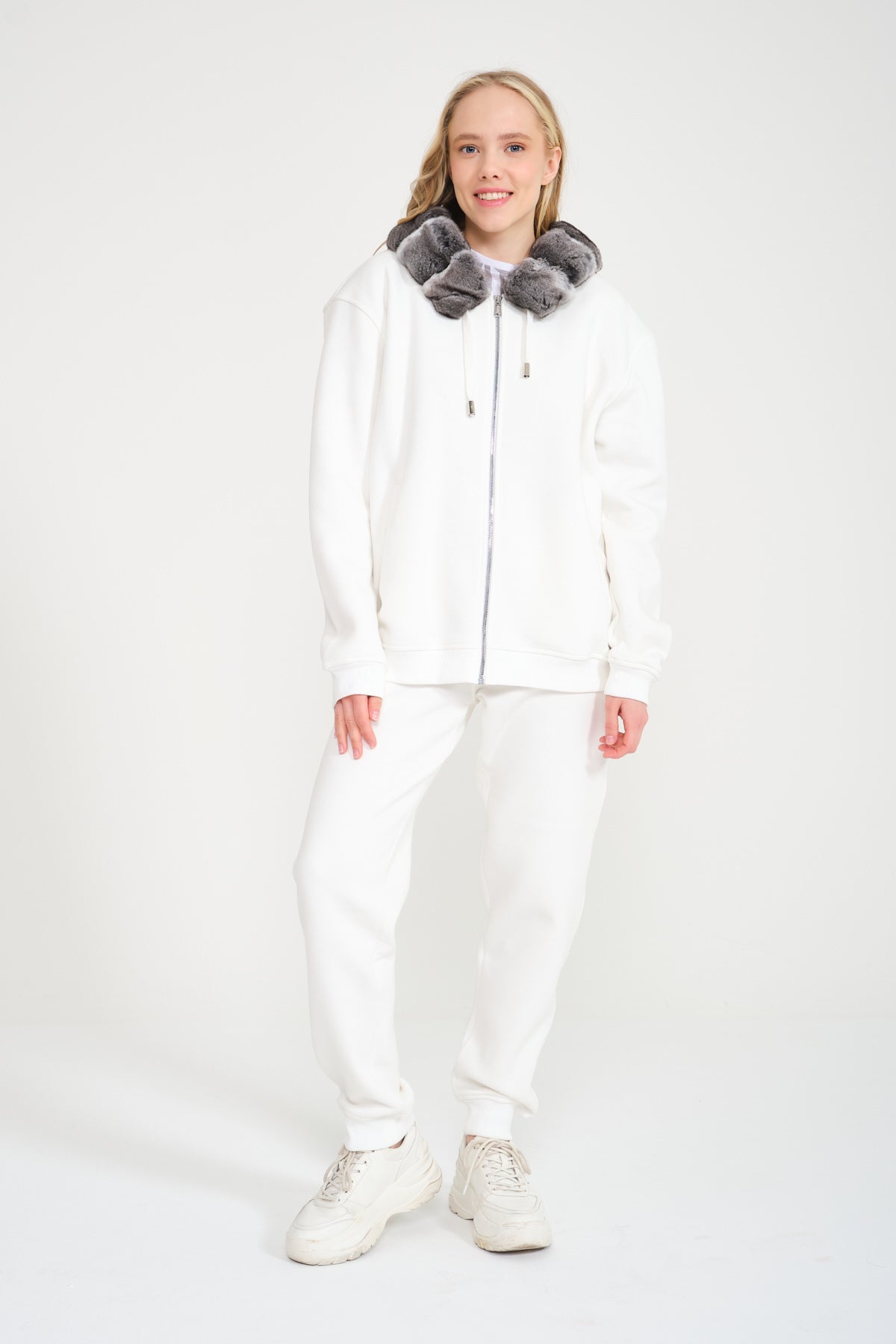 White Chinchilla Fur Zipped Hoodie & Jogger Set