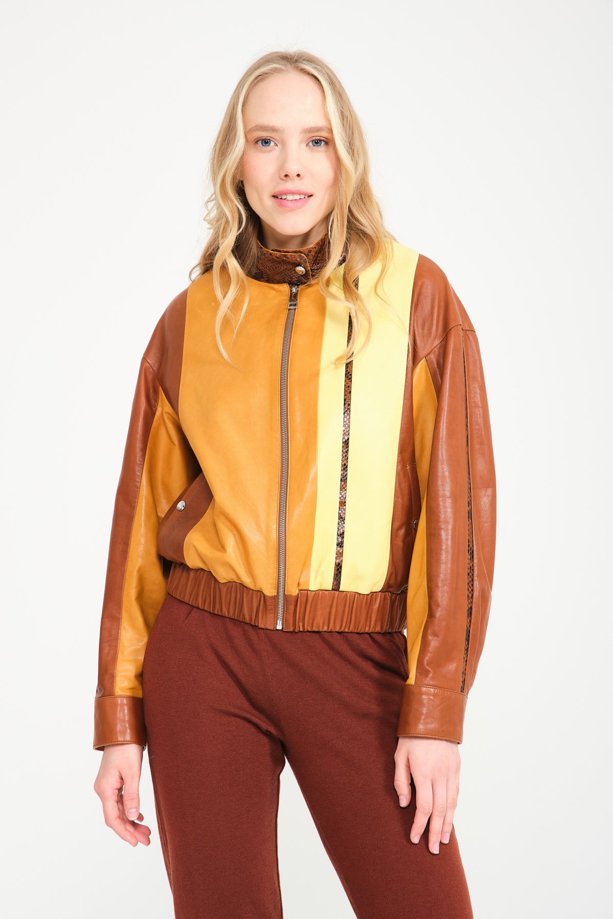 Yellow/Brown Leather Bomber Jacket