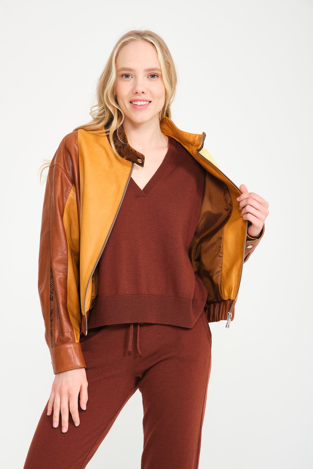 Yellow/Brown Leather Bomber Jacket