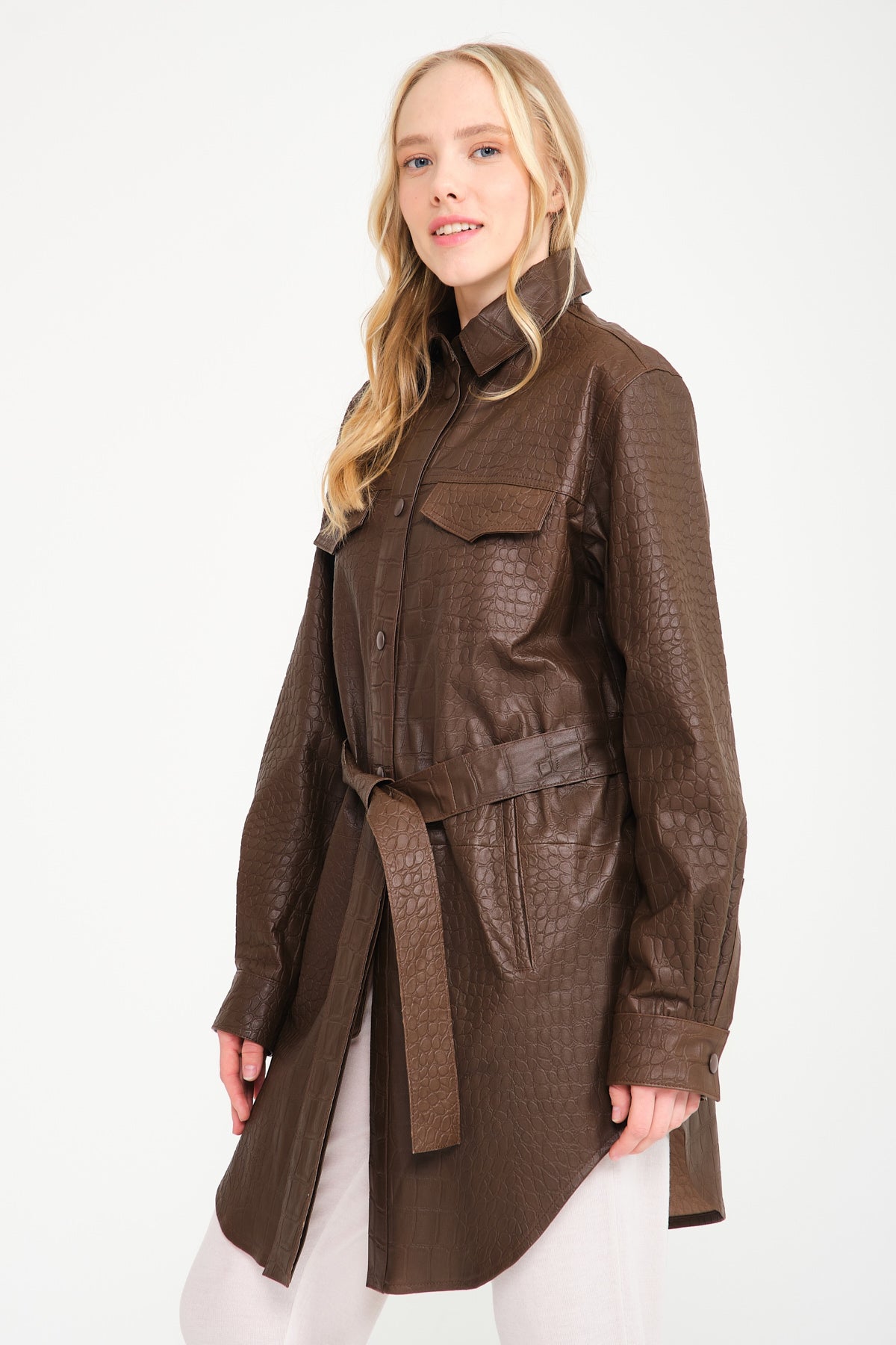 Brown Crocodile Pattern Leather Coat