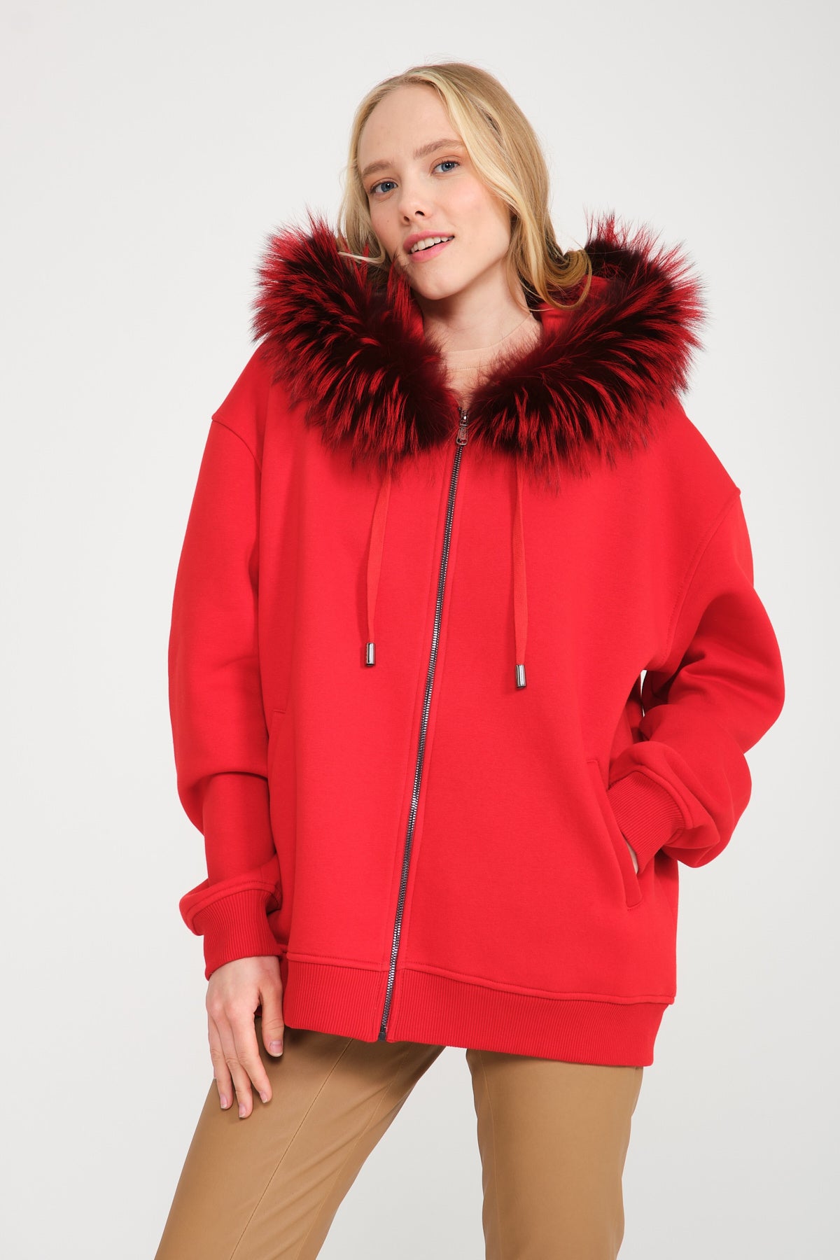 Red Fox Fur Lined Zipped Hoodie