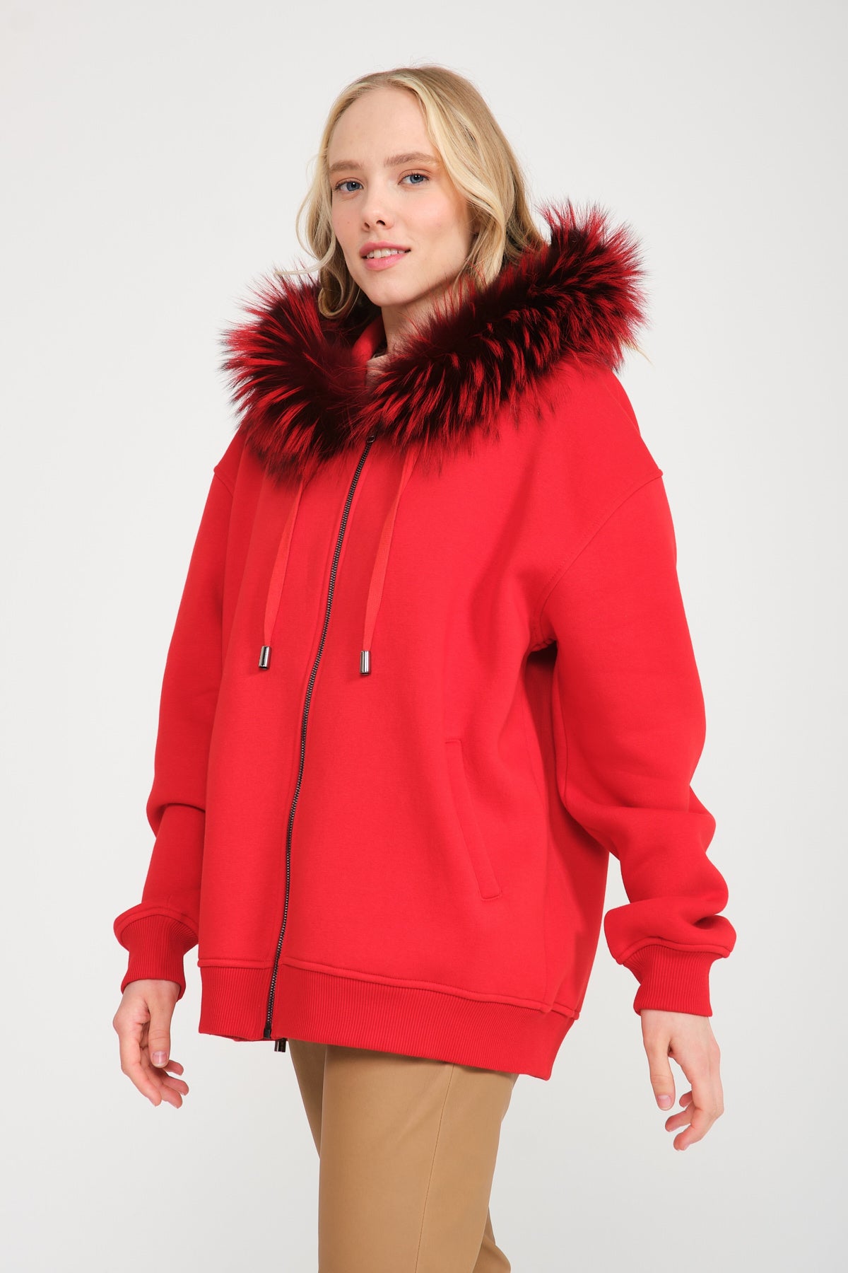 Red Fox Fur Lined Zipped Hoodie