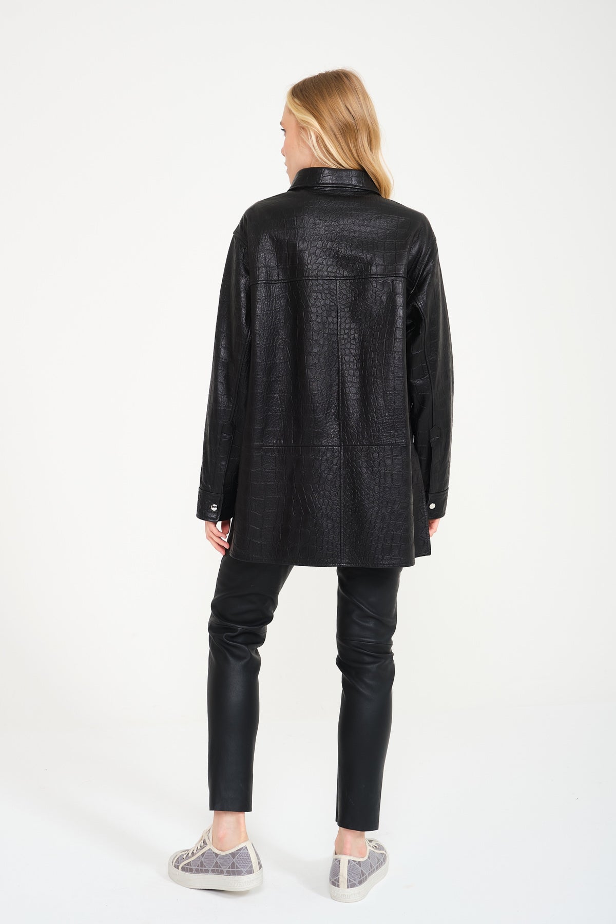 Black Crocodile Pattern Leather Coat
