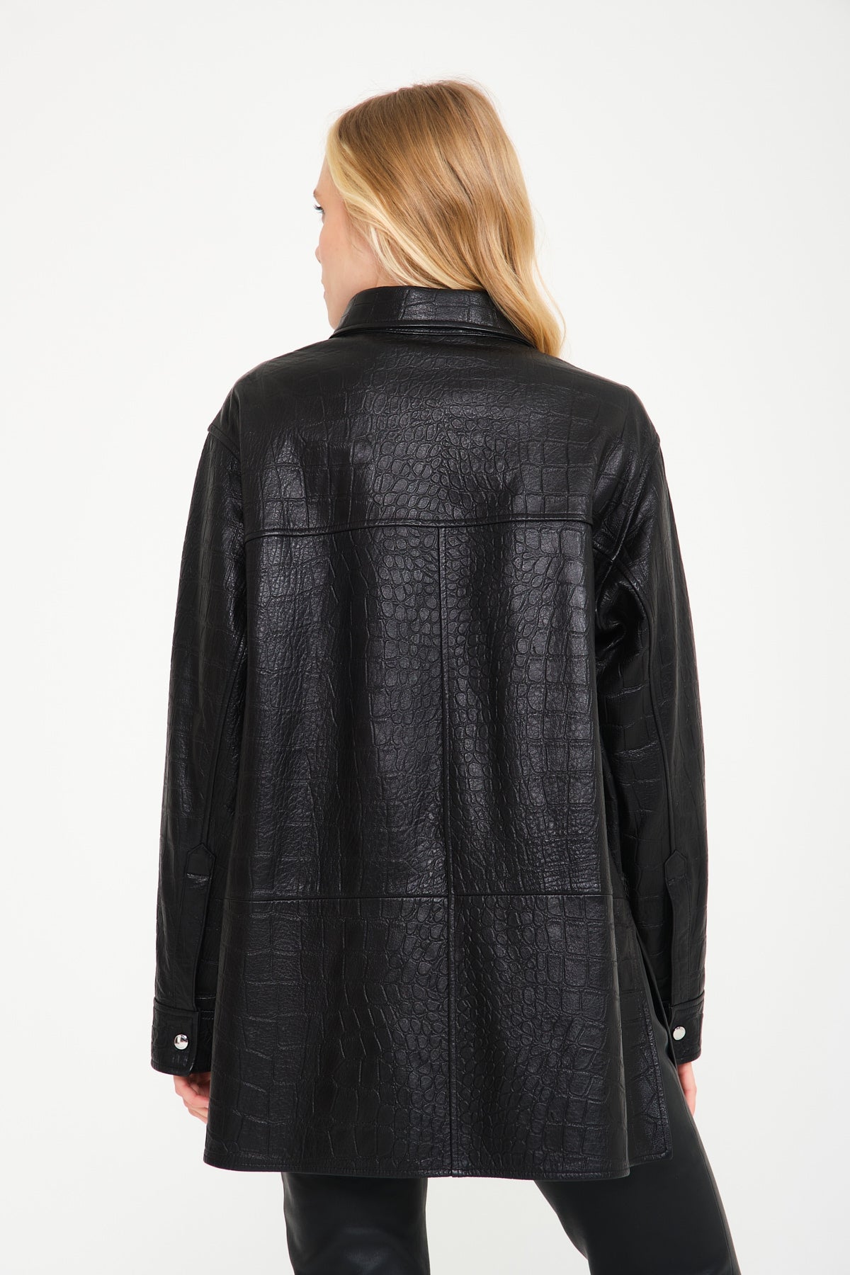 Black Crocodile Pattern Leather Coat