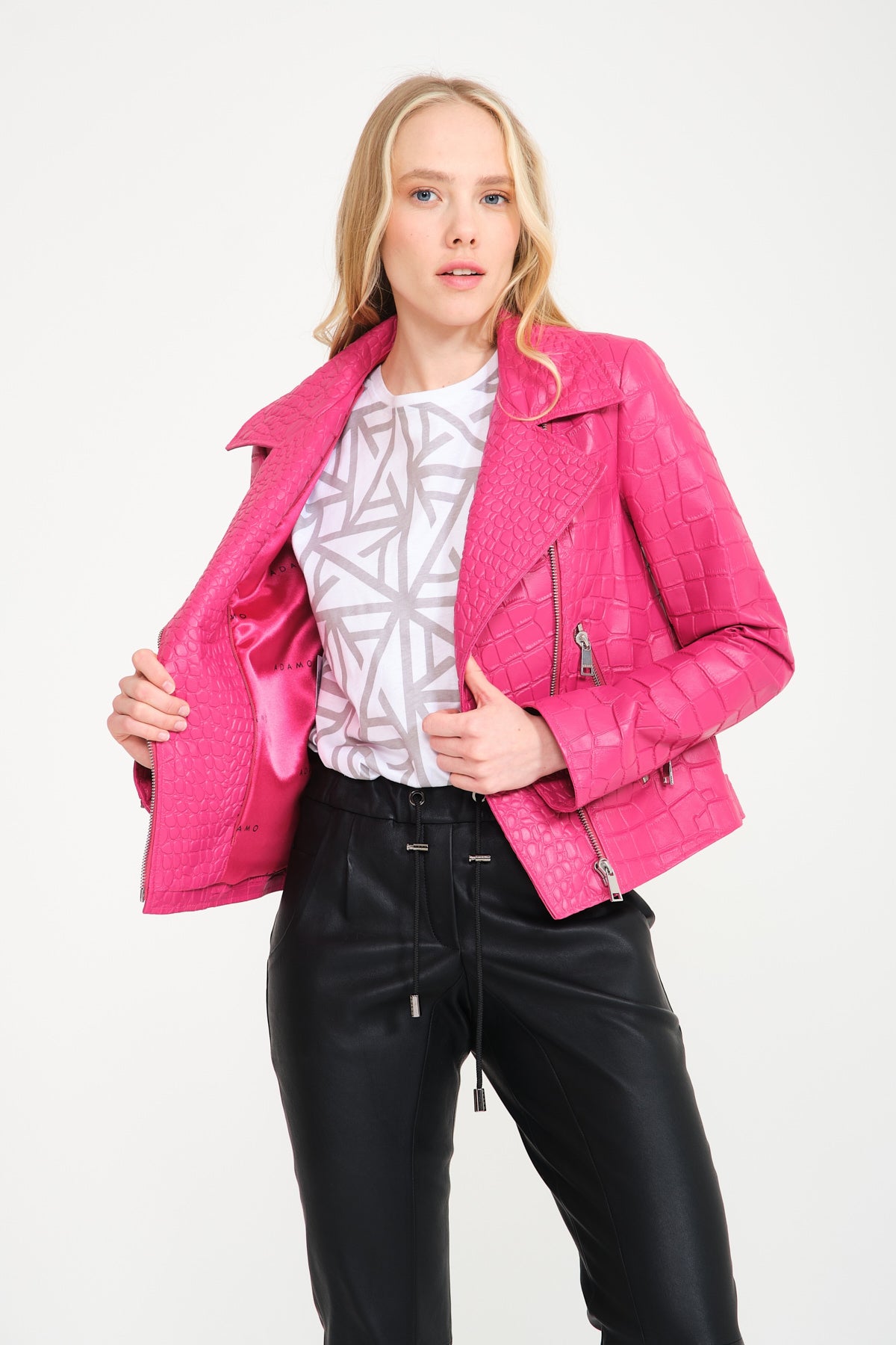 Pink Crocodile Pattern Chinchilla Collar Jacket