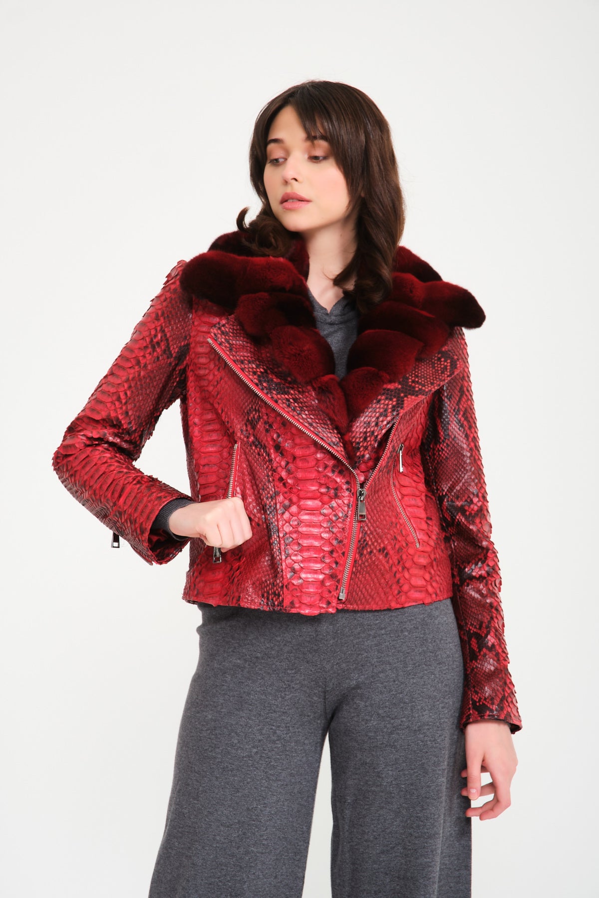 Red Python Leather Chinchilla Fur Collar Jacket