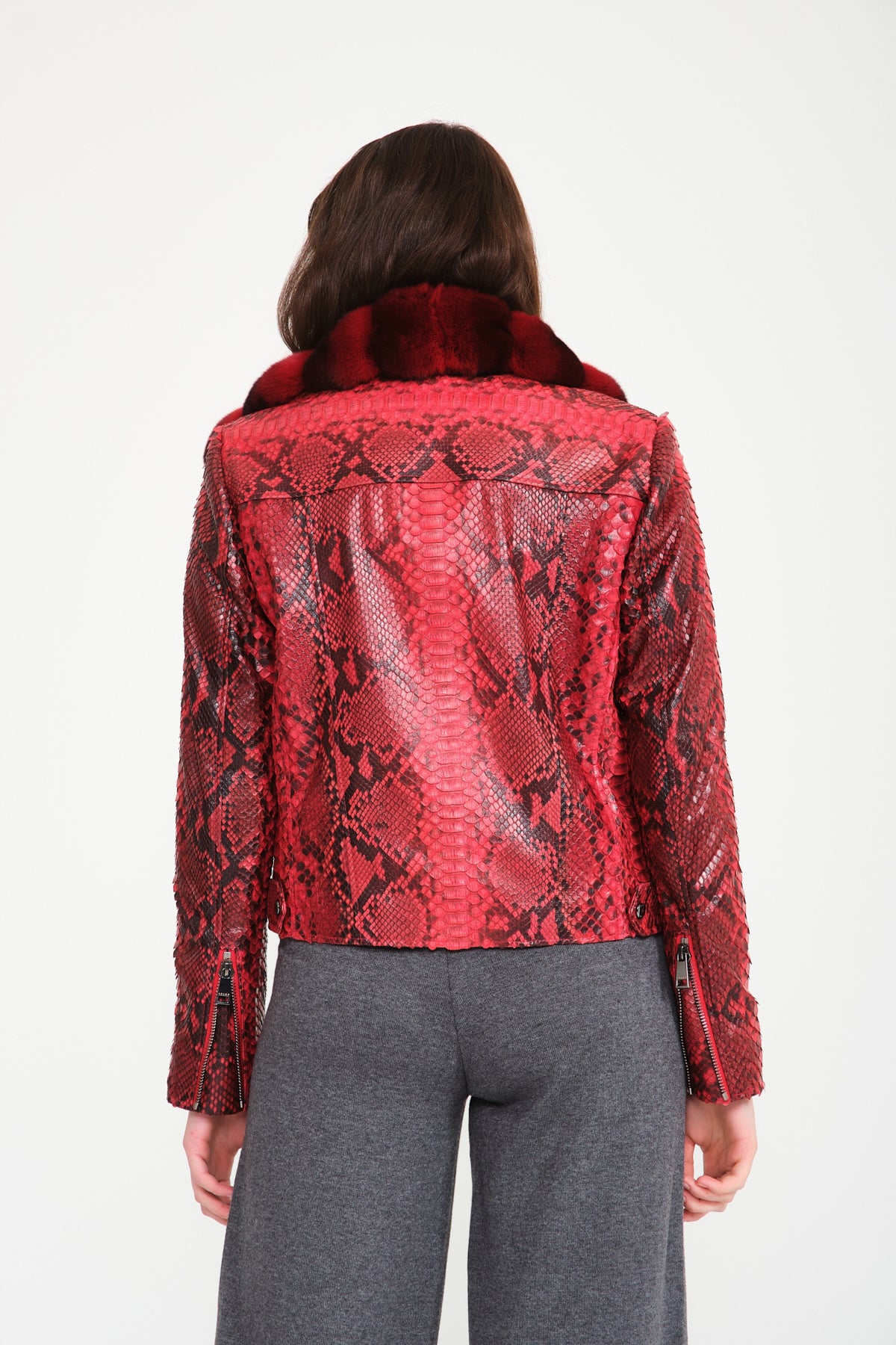 Red Python Leather Chinchilla Fur Collar Jacket