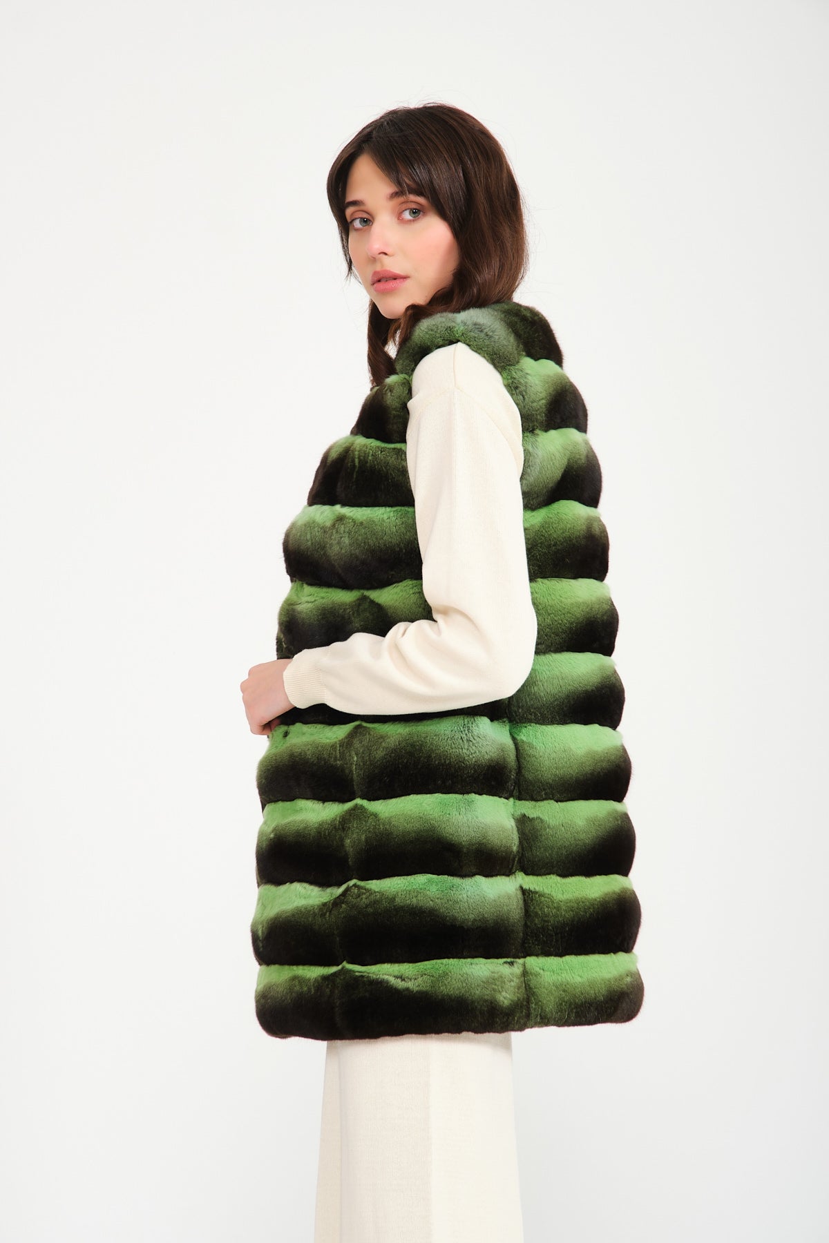 Green Long Chinchilla Fur Vest