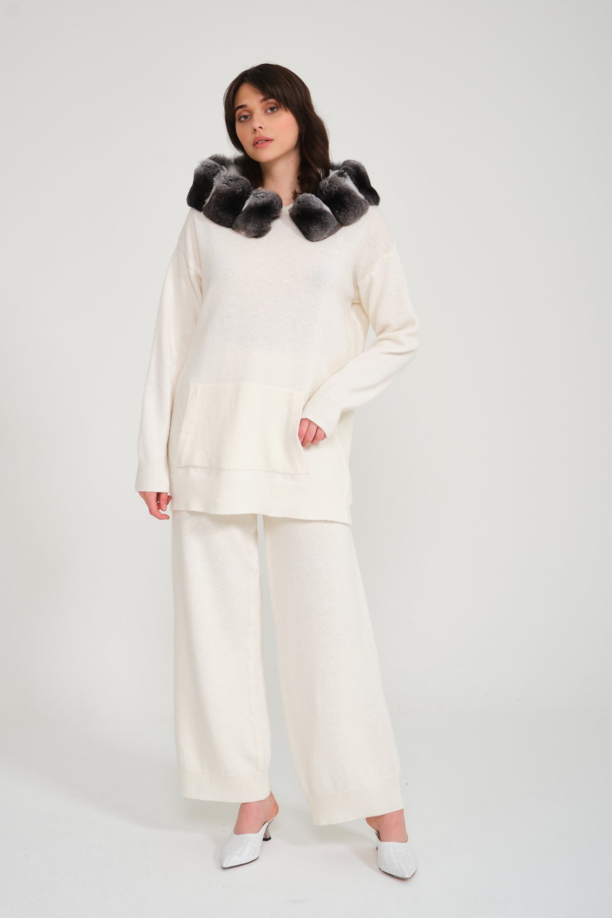 White Chinchilla Fur Lined Knit Set
