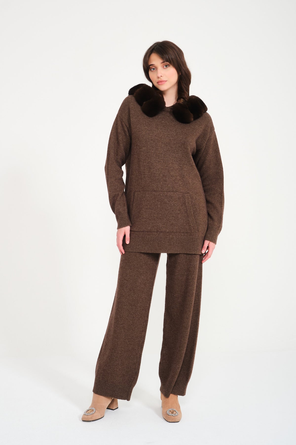 Brown Chinchilla Fur Lined Hoodie & Pants Set