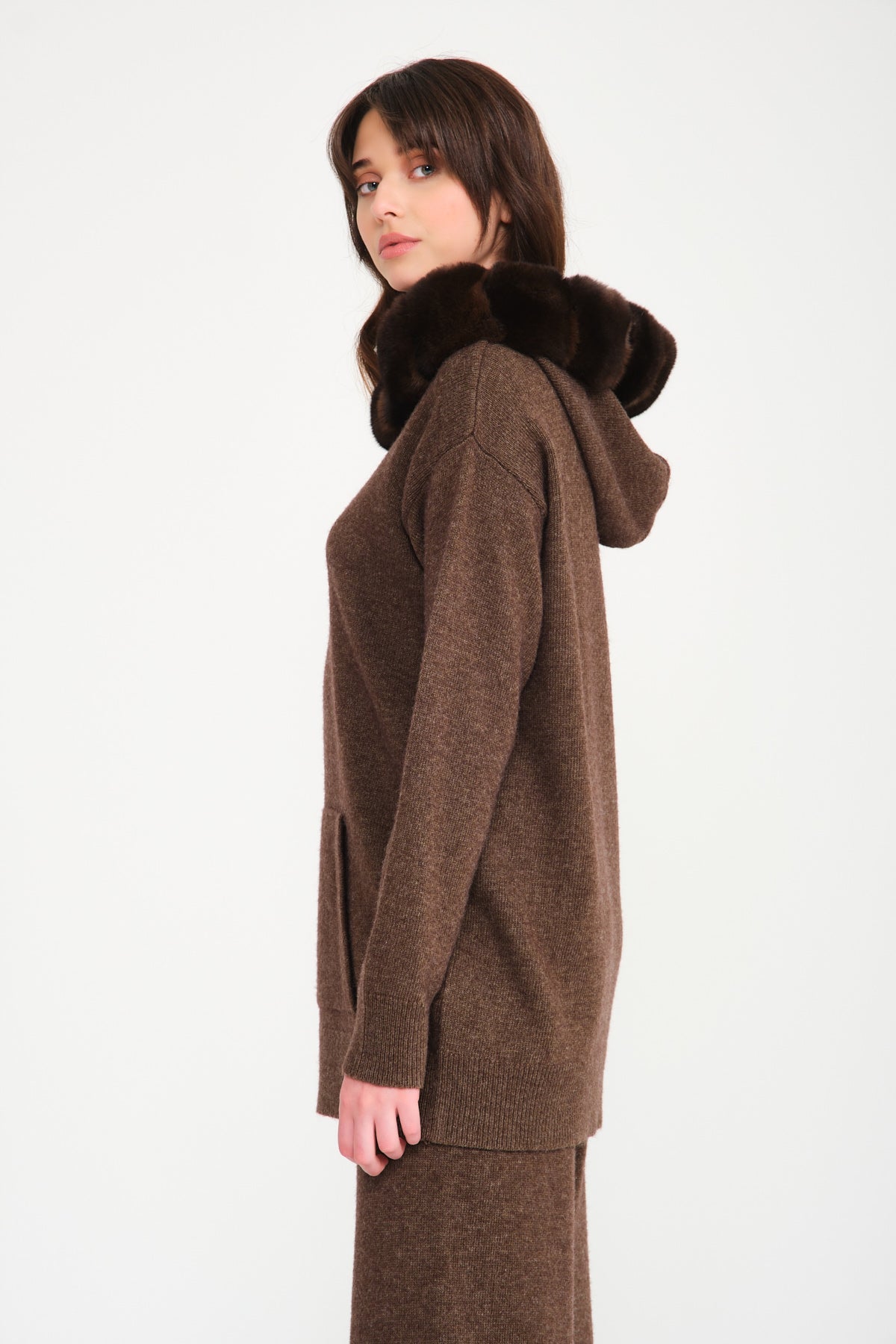 Brown Chinchilla Fur Lined Hoodie & Pants Set