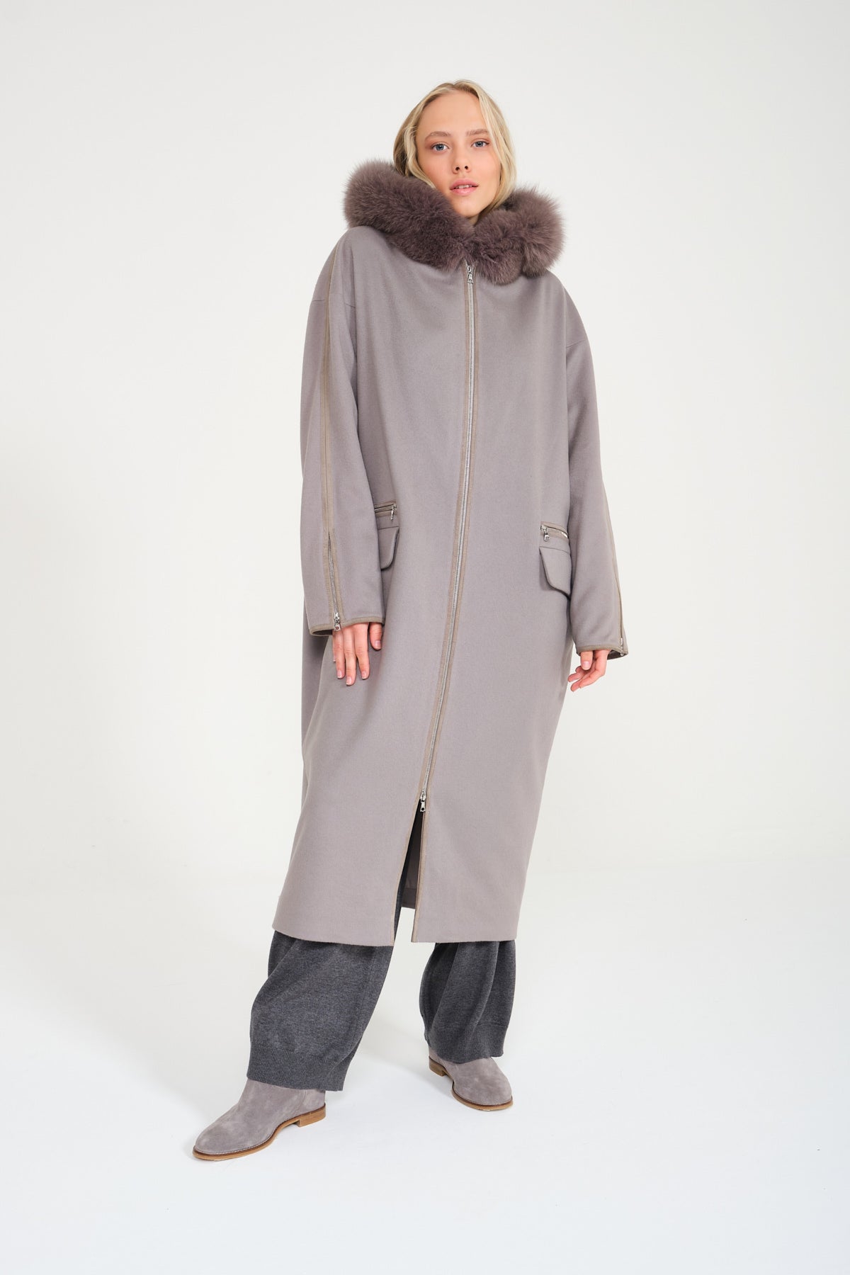 Grey Long Fox Fur Coat