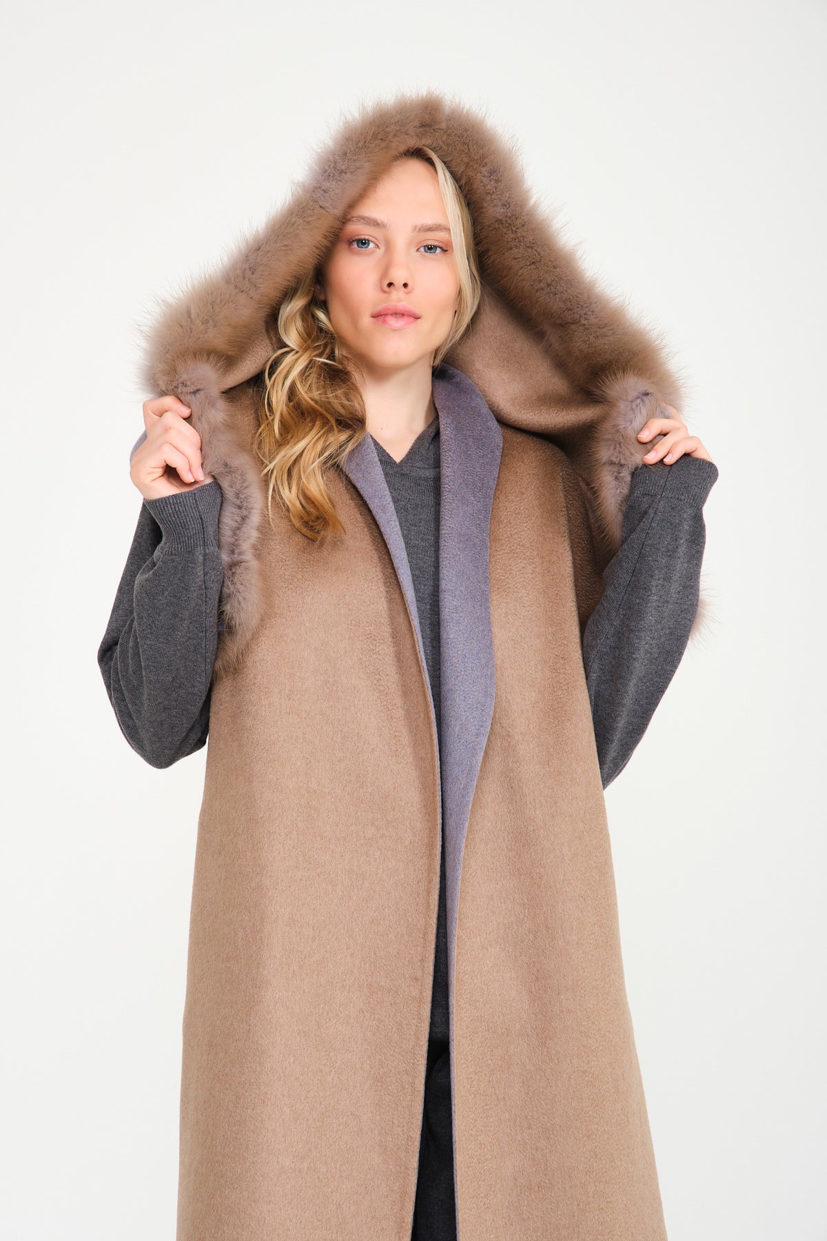 Beige / Grey Sable Martens Fur Cashmere Coat