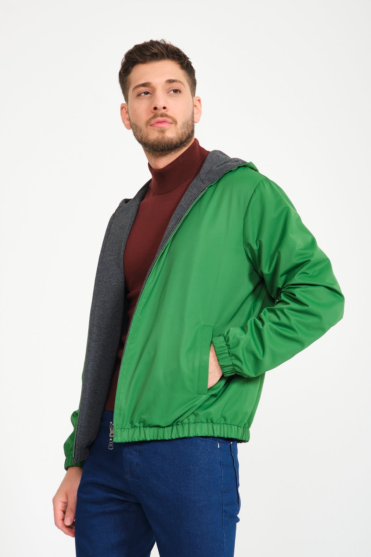 Grey / Forest Green Double Face Waterproof Jacket