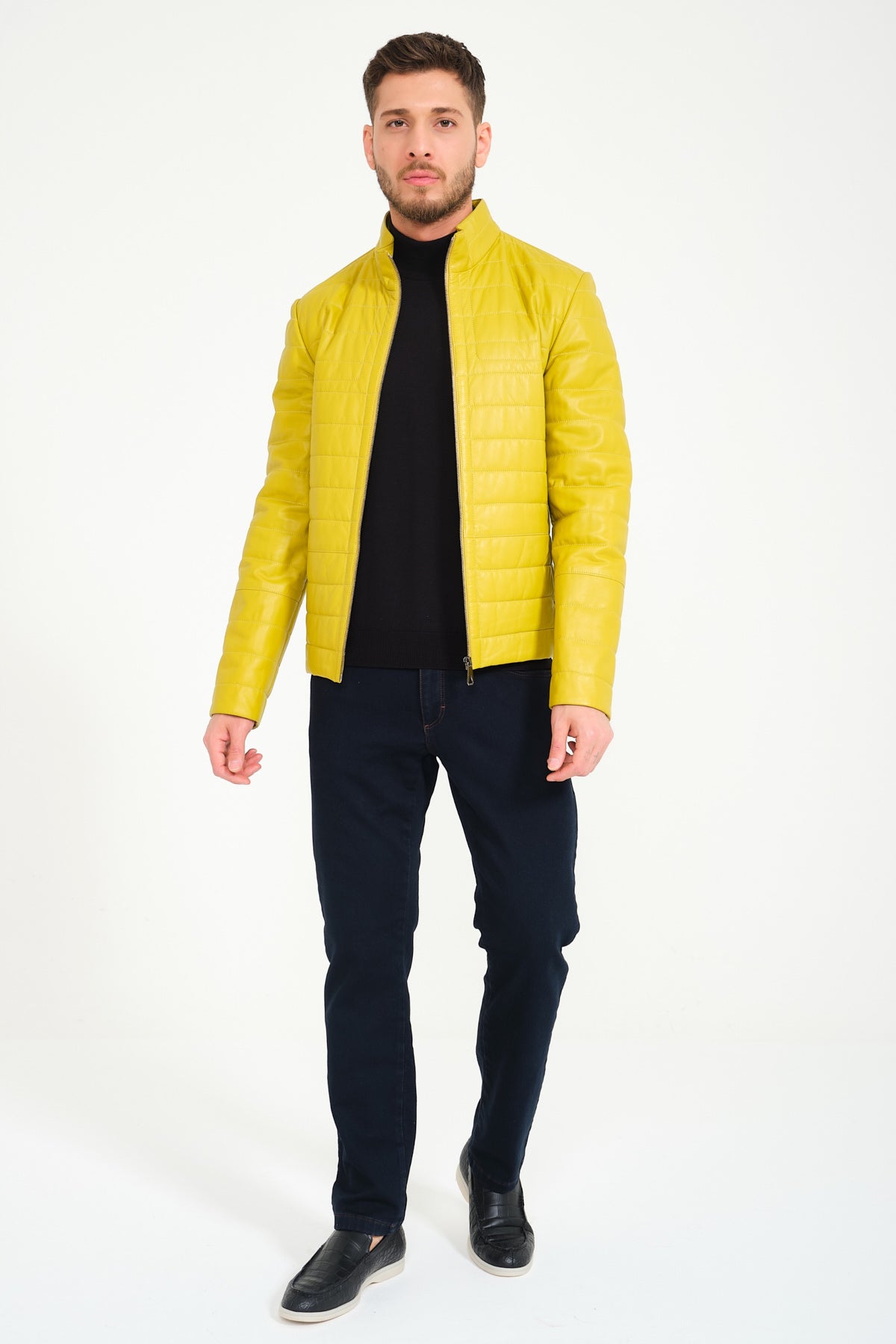 Yellow leather sale jacket men