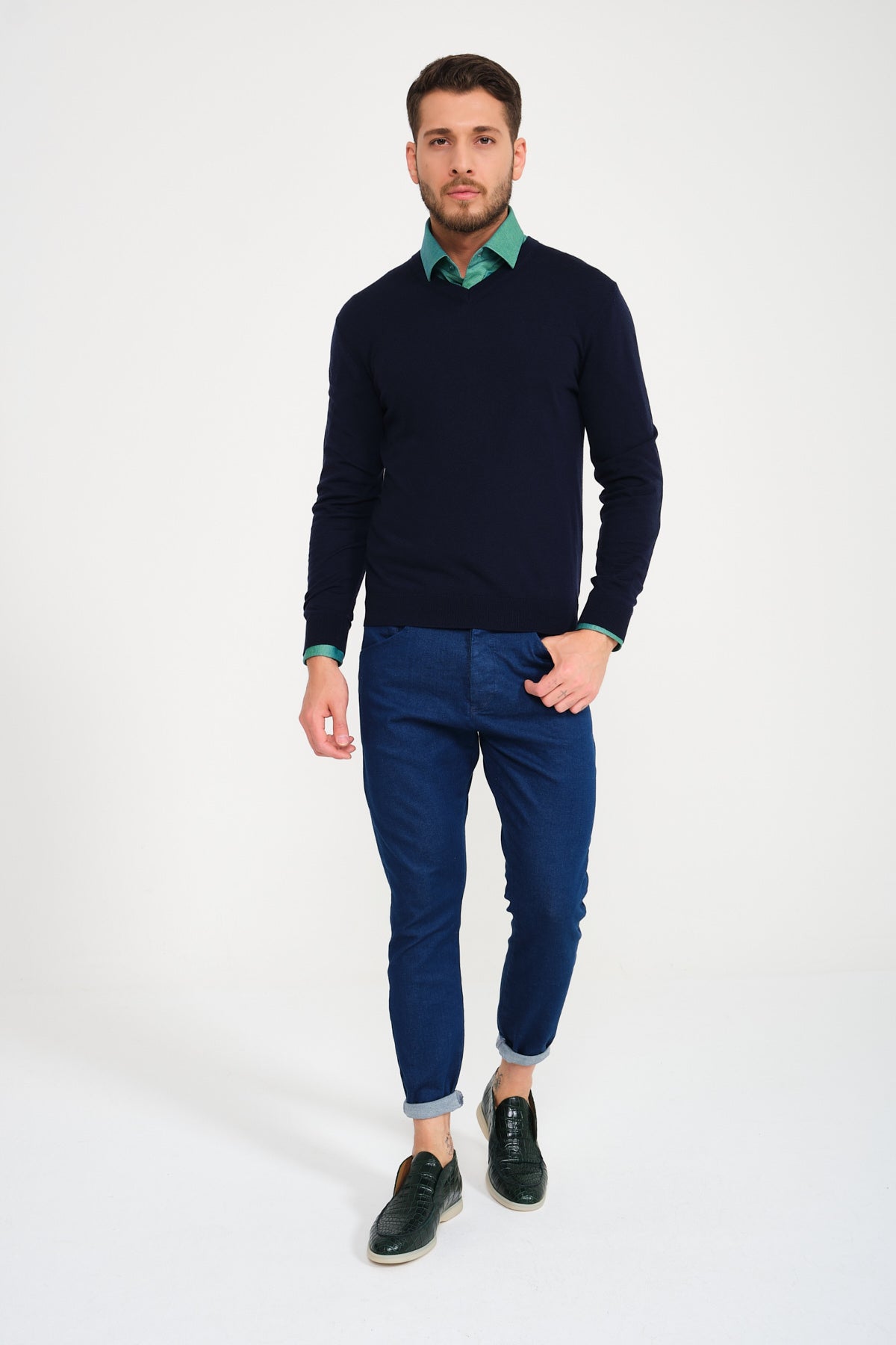 Dark Blue V-Collar Wool Sweater