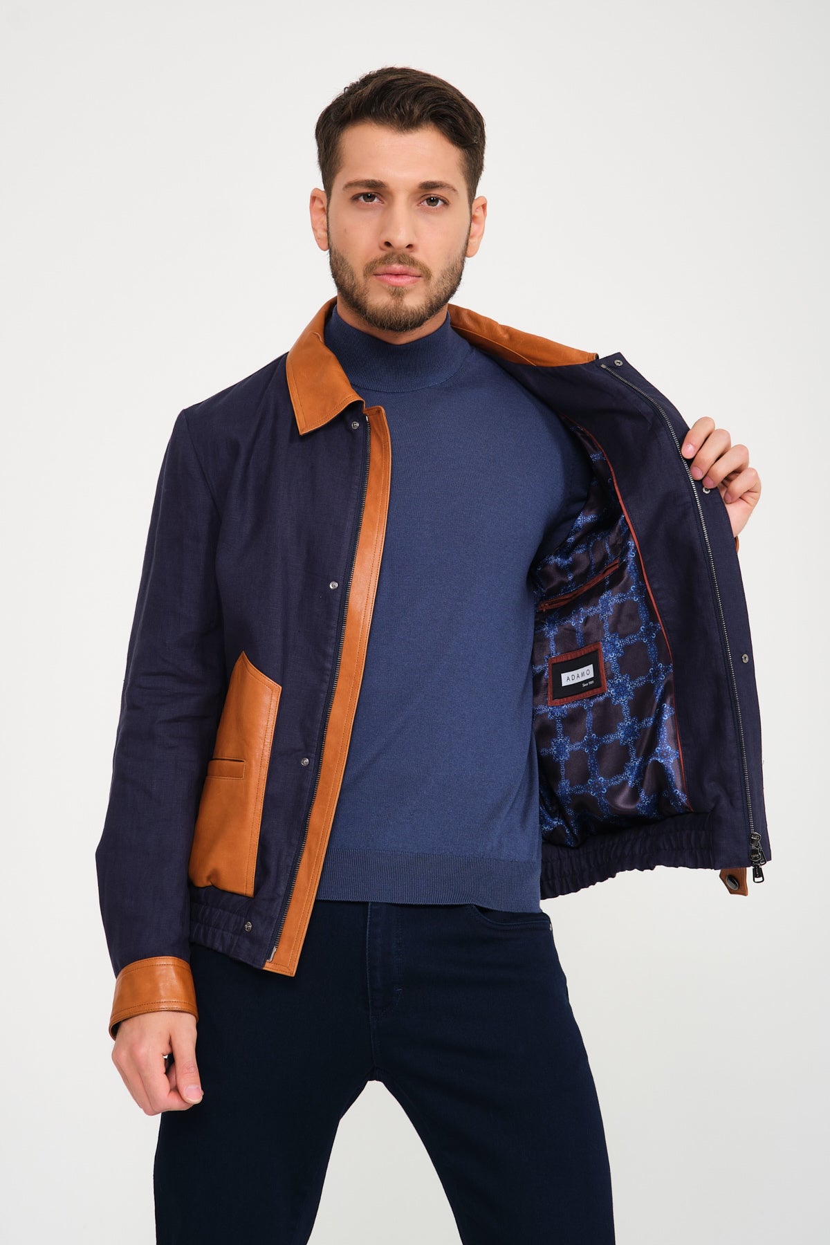 Night Blue Linen / Leather Jacket