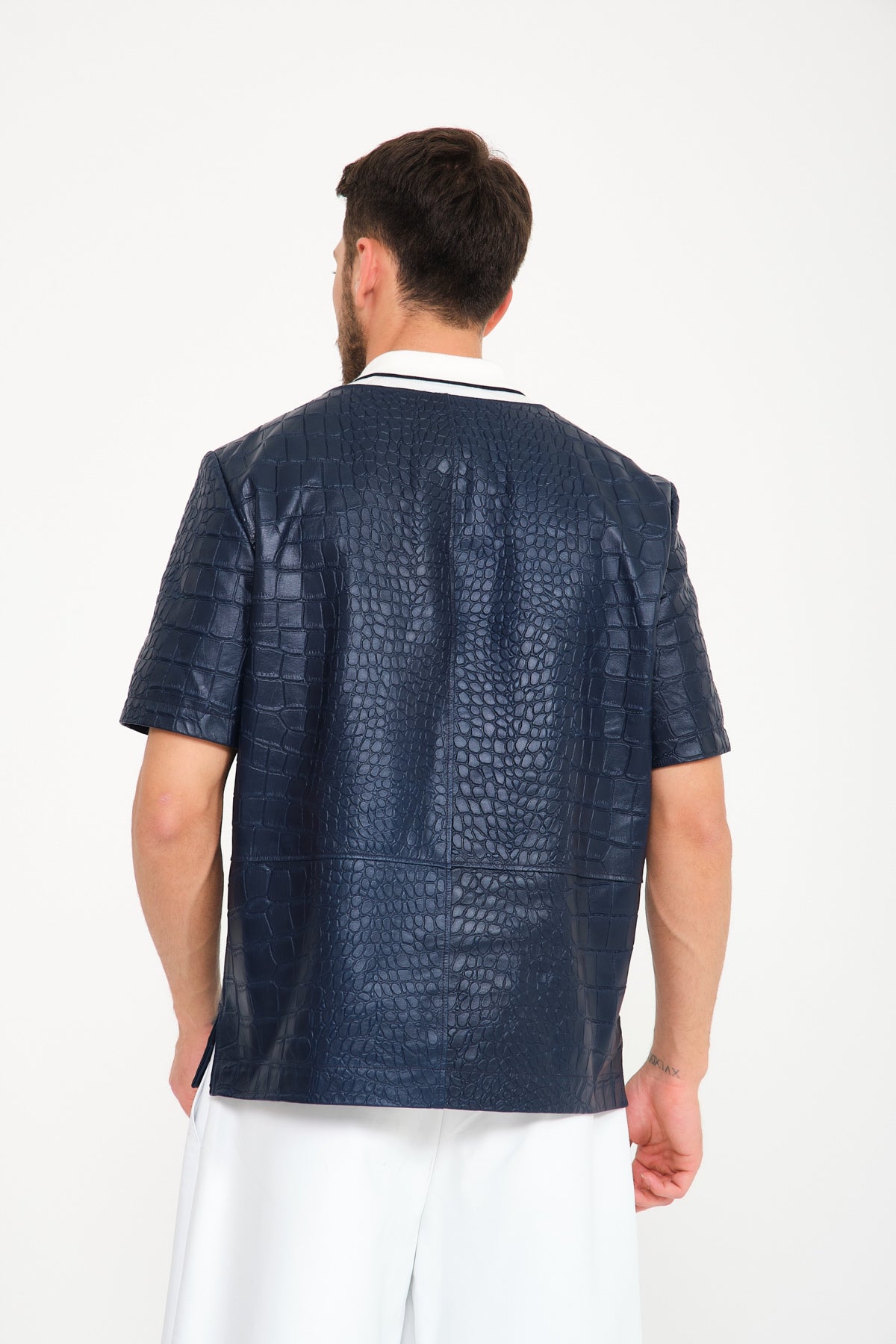 Dark Blue Crocodile Pattern Leather Shirt