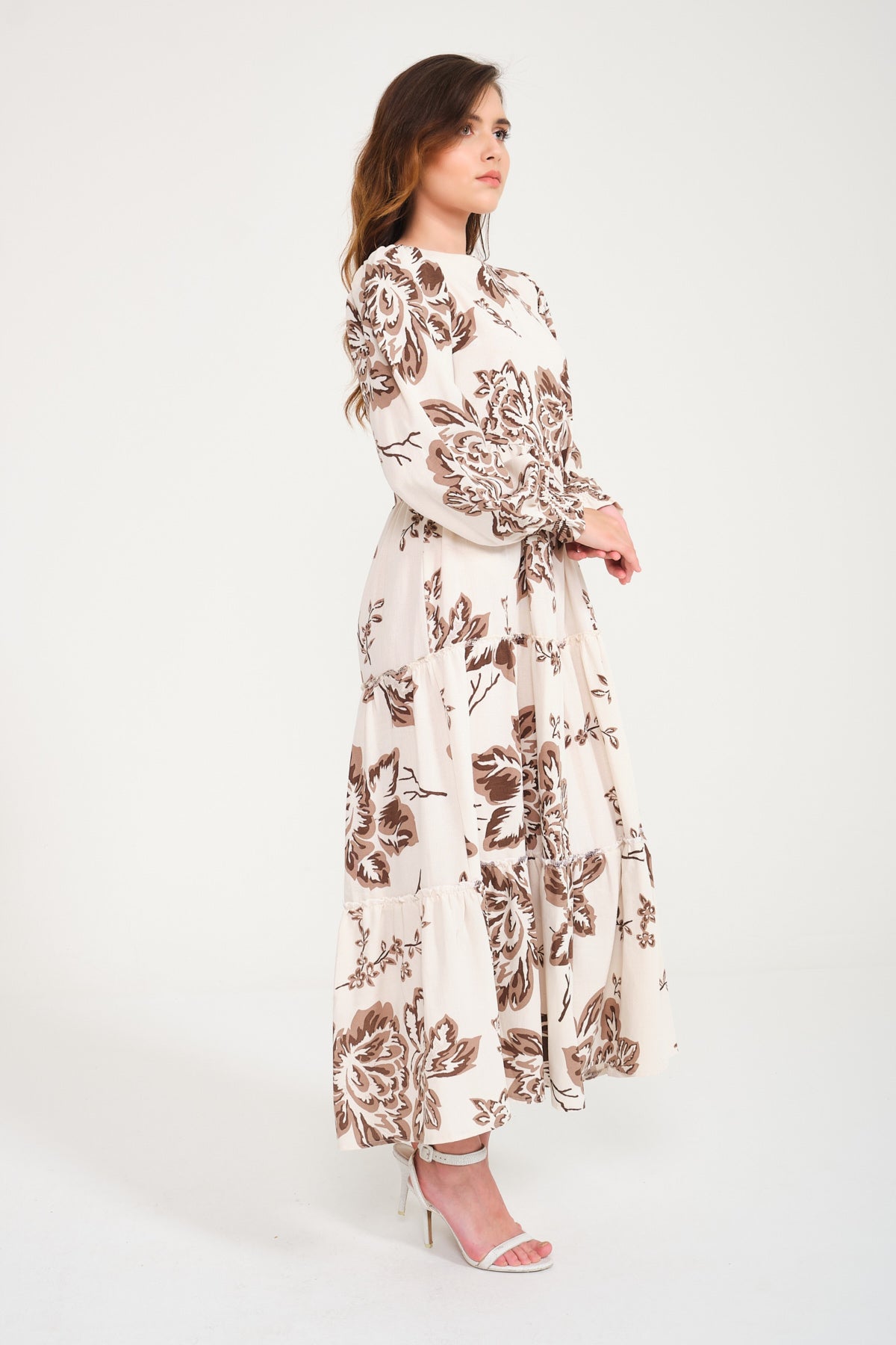 Ecru / Brown Long Cotton Dress
