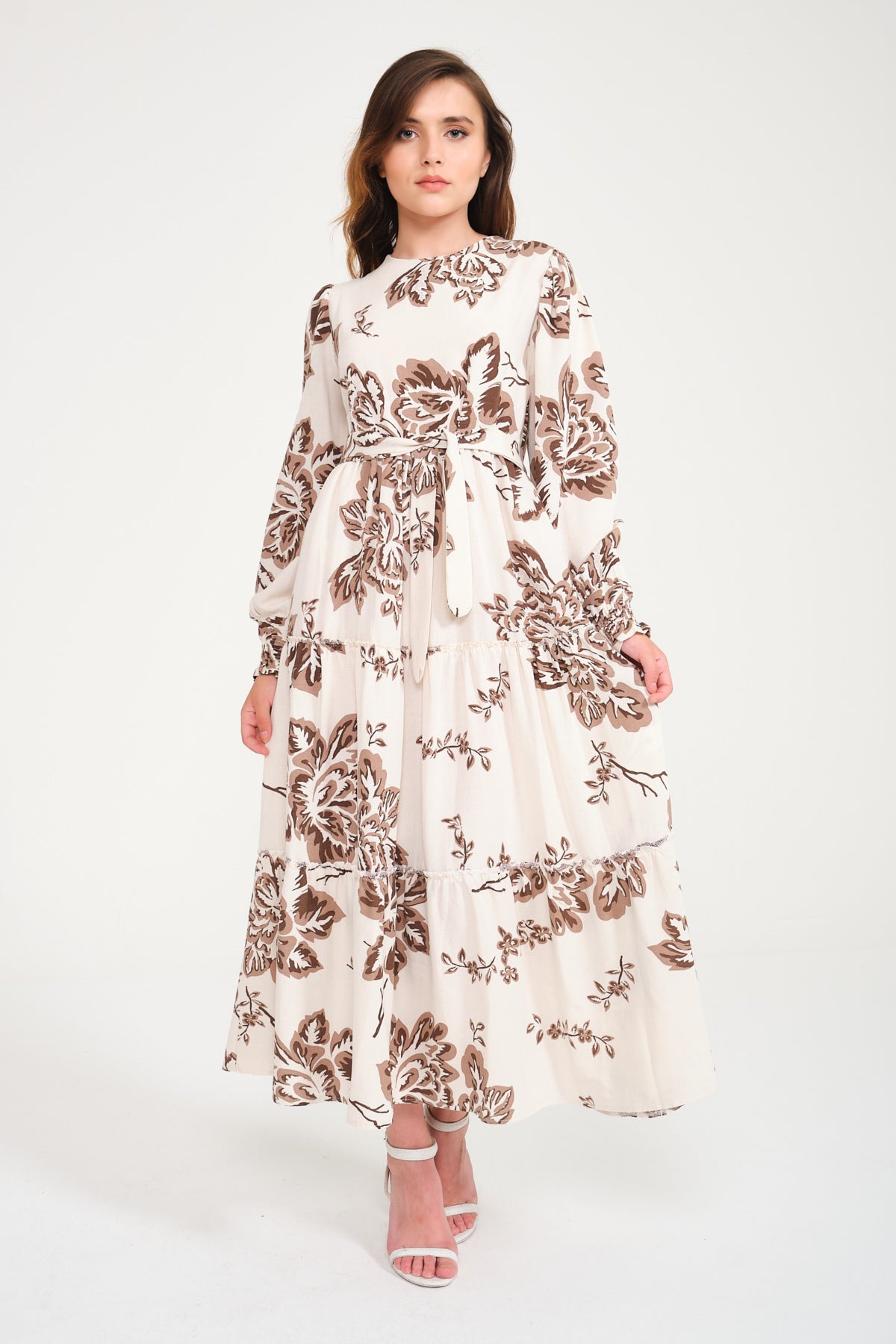 Ecru / Brown Long Cotton Dress