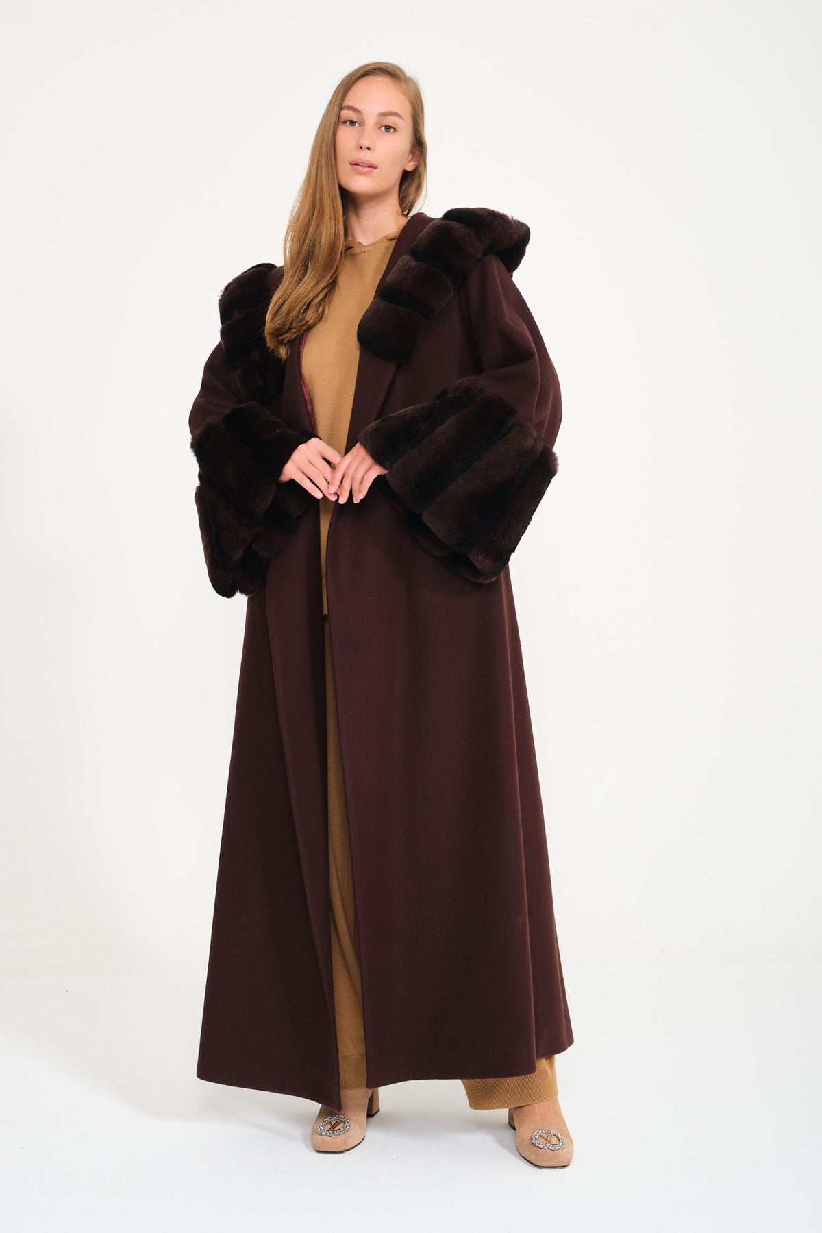 Brown Hooded Wool Rex Fur Abaya