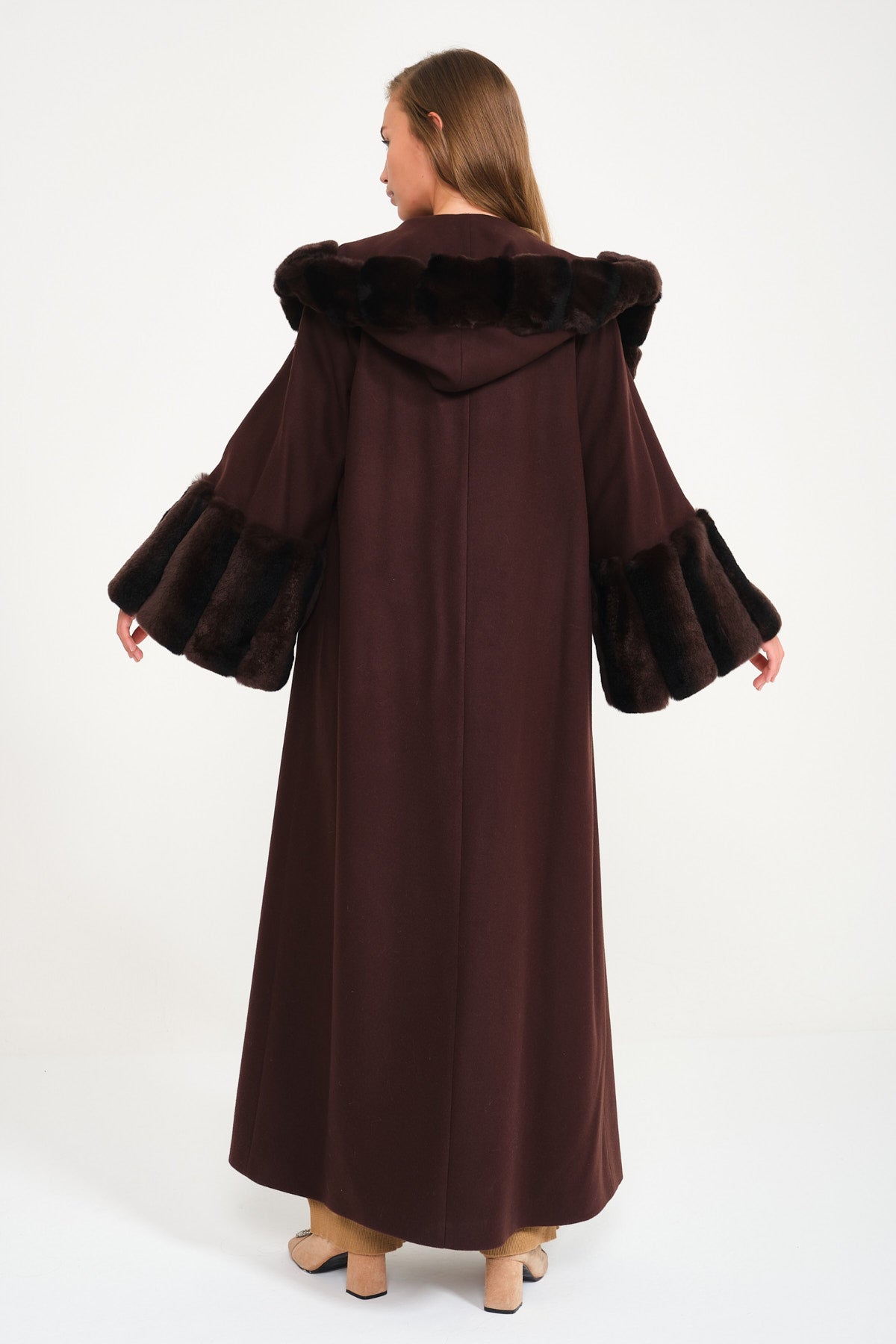Brown Hooded Wool Rex Fur Abaya