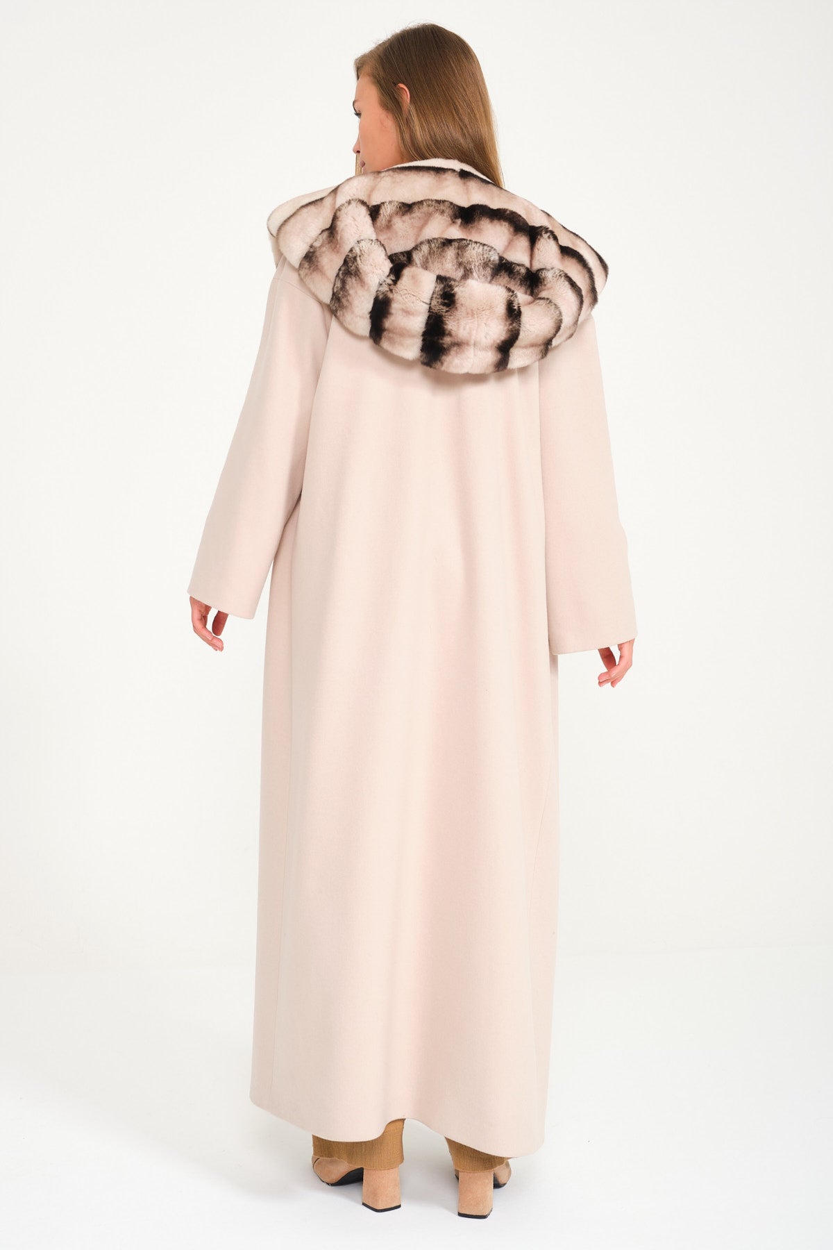 Sand Beige Hooded Wool Rex Fur Abaya
