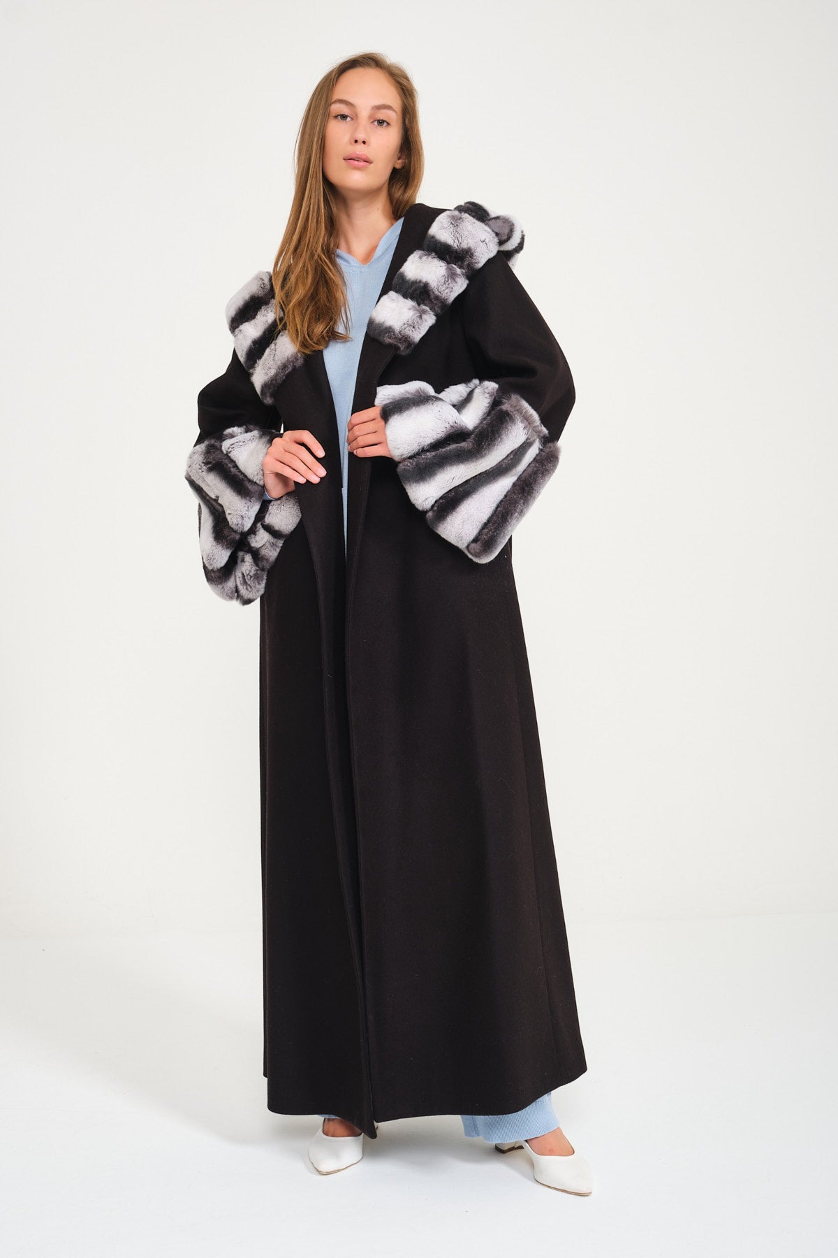 Black Hooded Wool Rex Fur Abaya