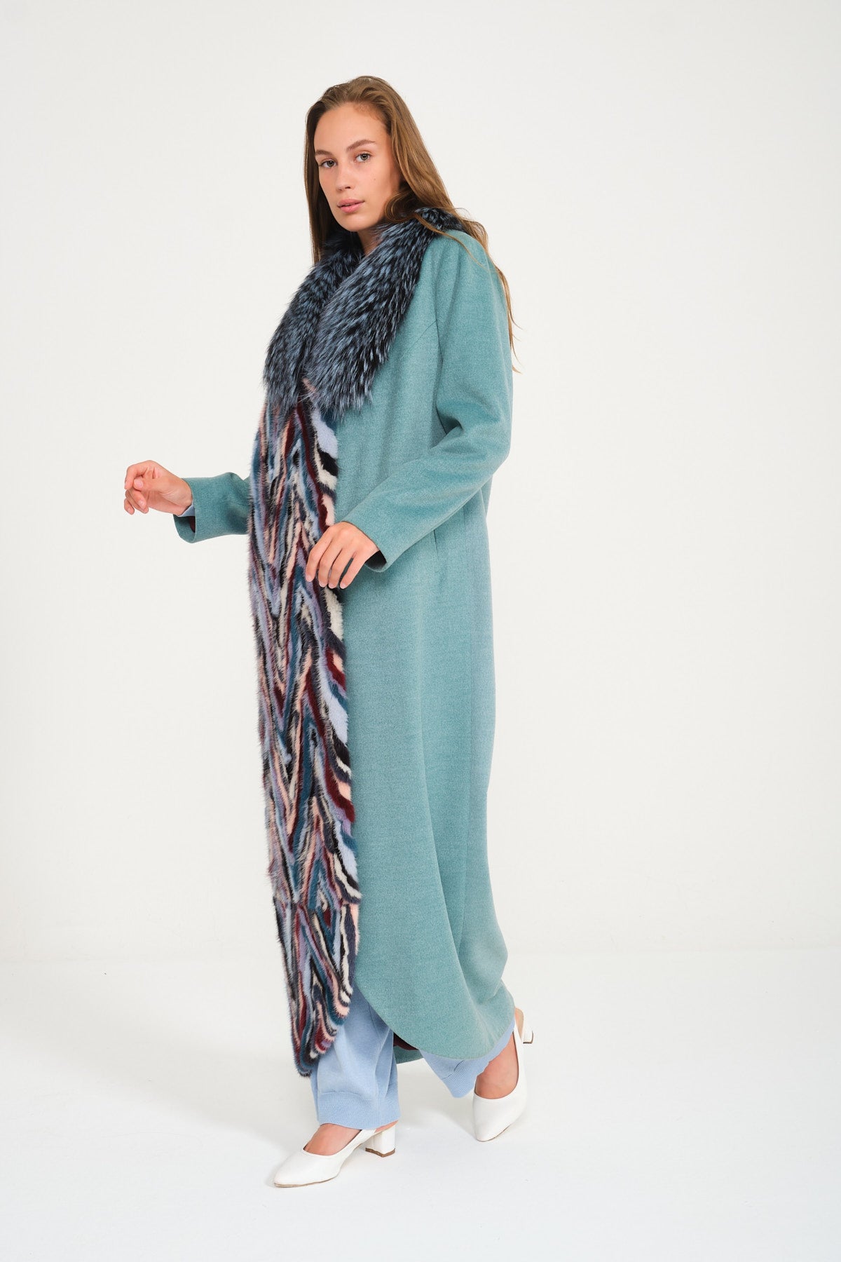 Multicolored Long Fox / Mink Fur Wool Coat