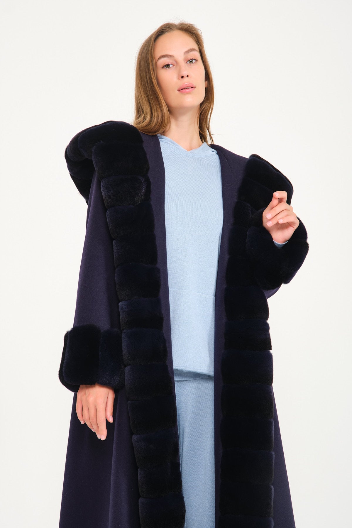 Dark Blue Hooded Wool Rex Fur Abaya
