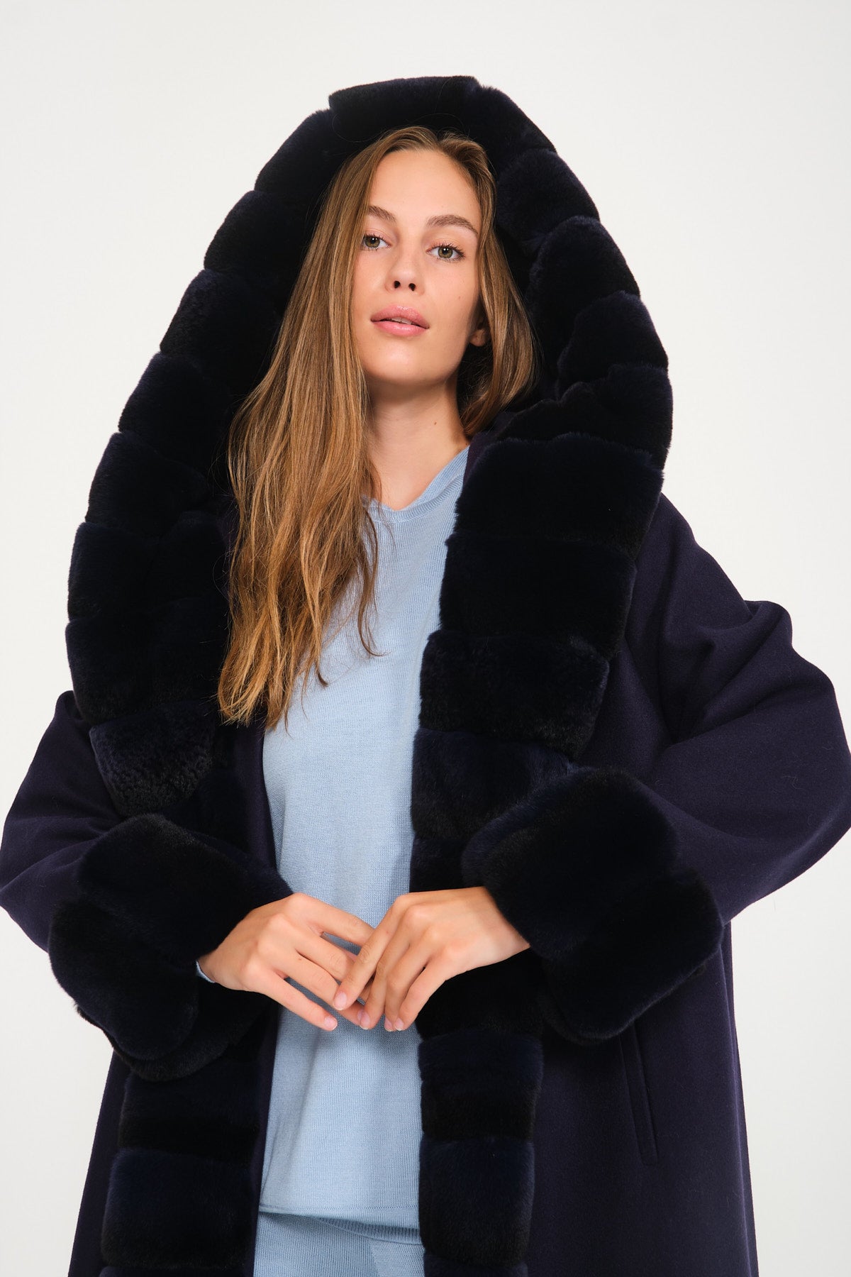Dark Blue Hooded Wool Rex Fur Abaya