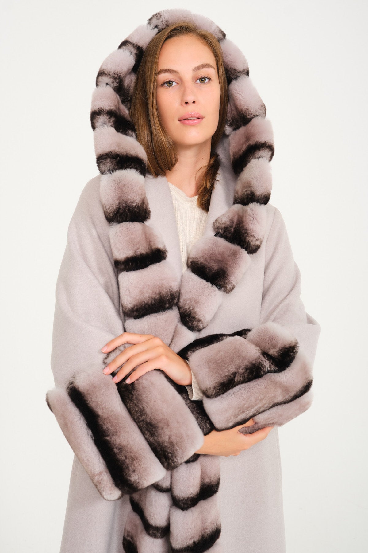 Light Grey Hooded Wool Rex Fur Abaya