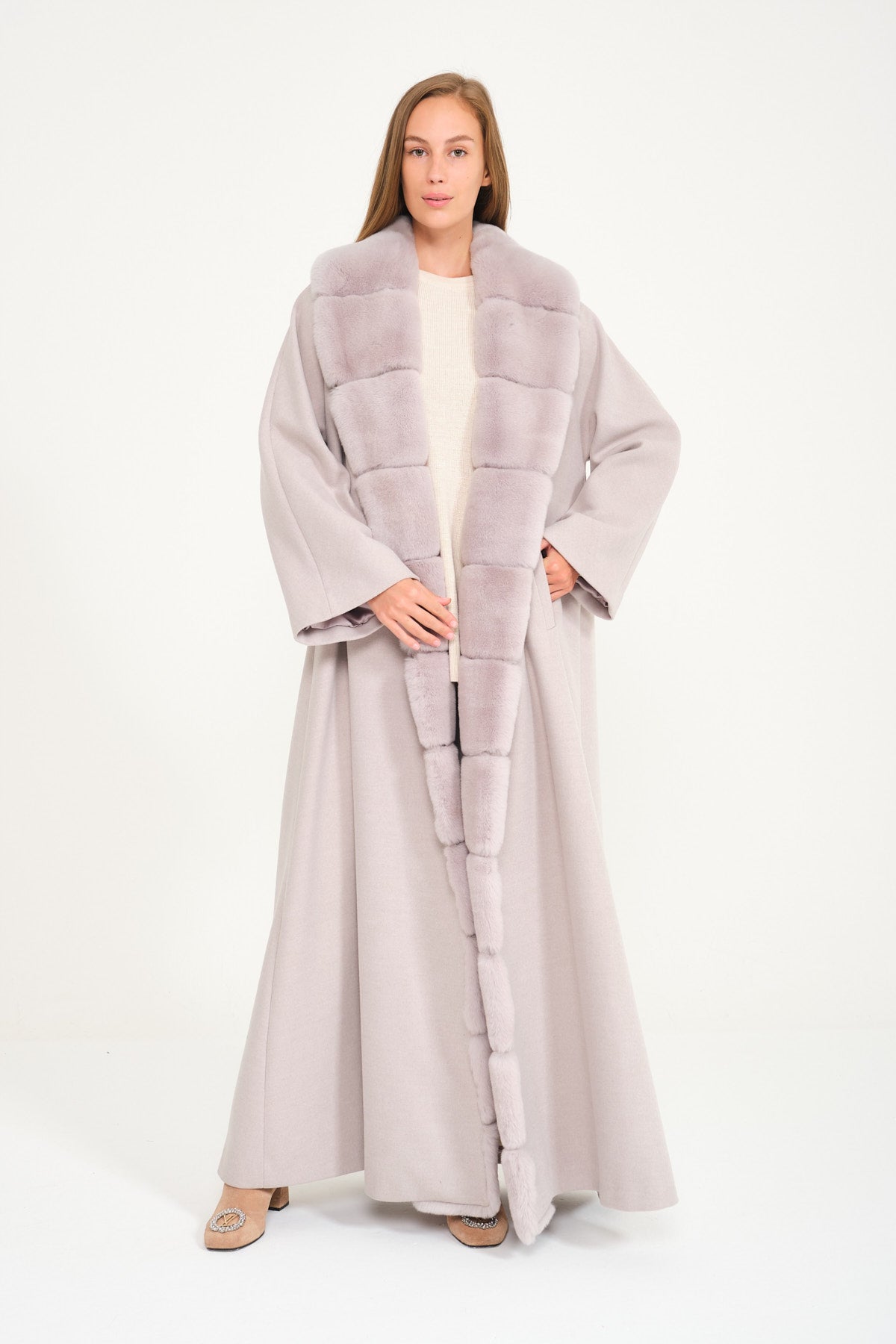 Light Grey Wool Rex Fur Abaya