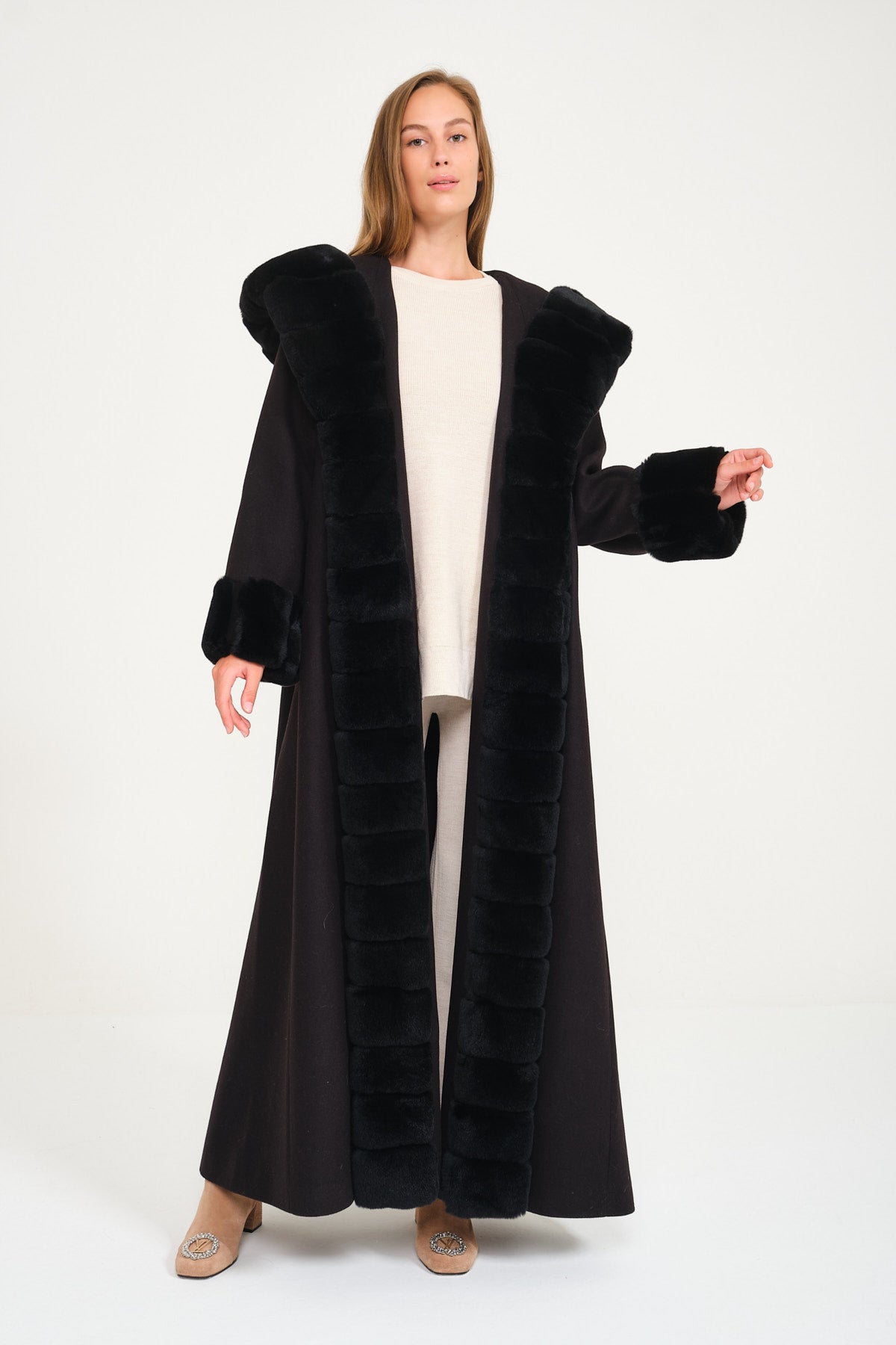 Black Hooded Wool Rex Fur Abaya