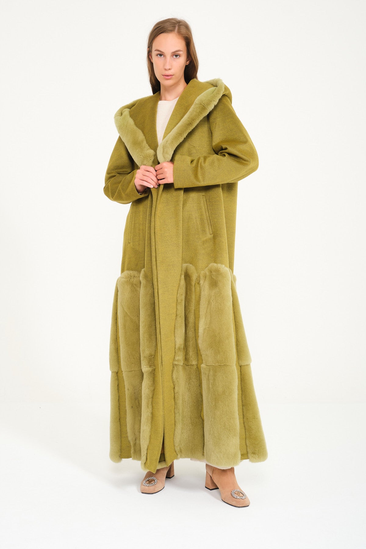 Green Hooded Wool Rex Fur Abaya