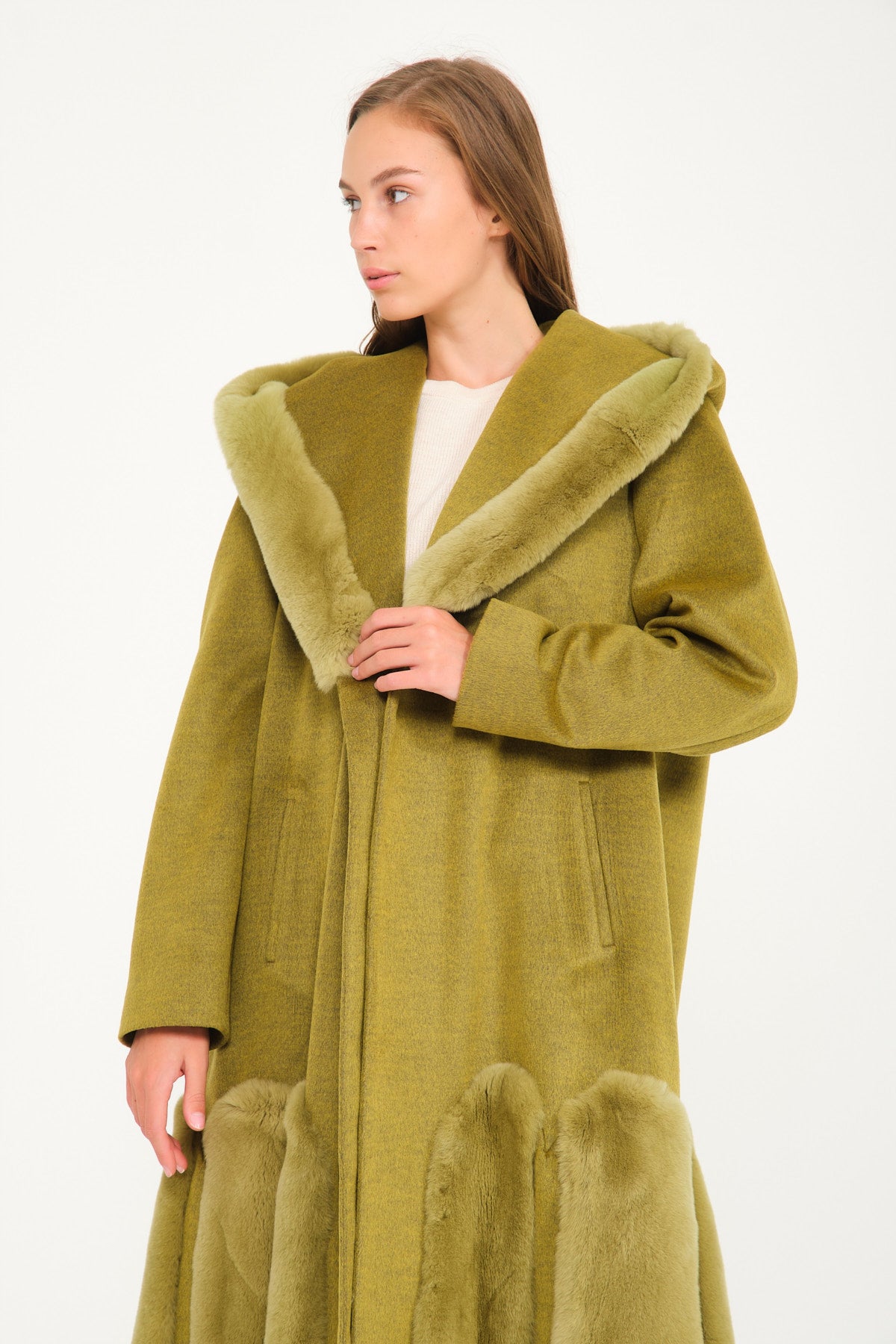 Green Hooded Wool Rex Fur Abaya