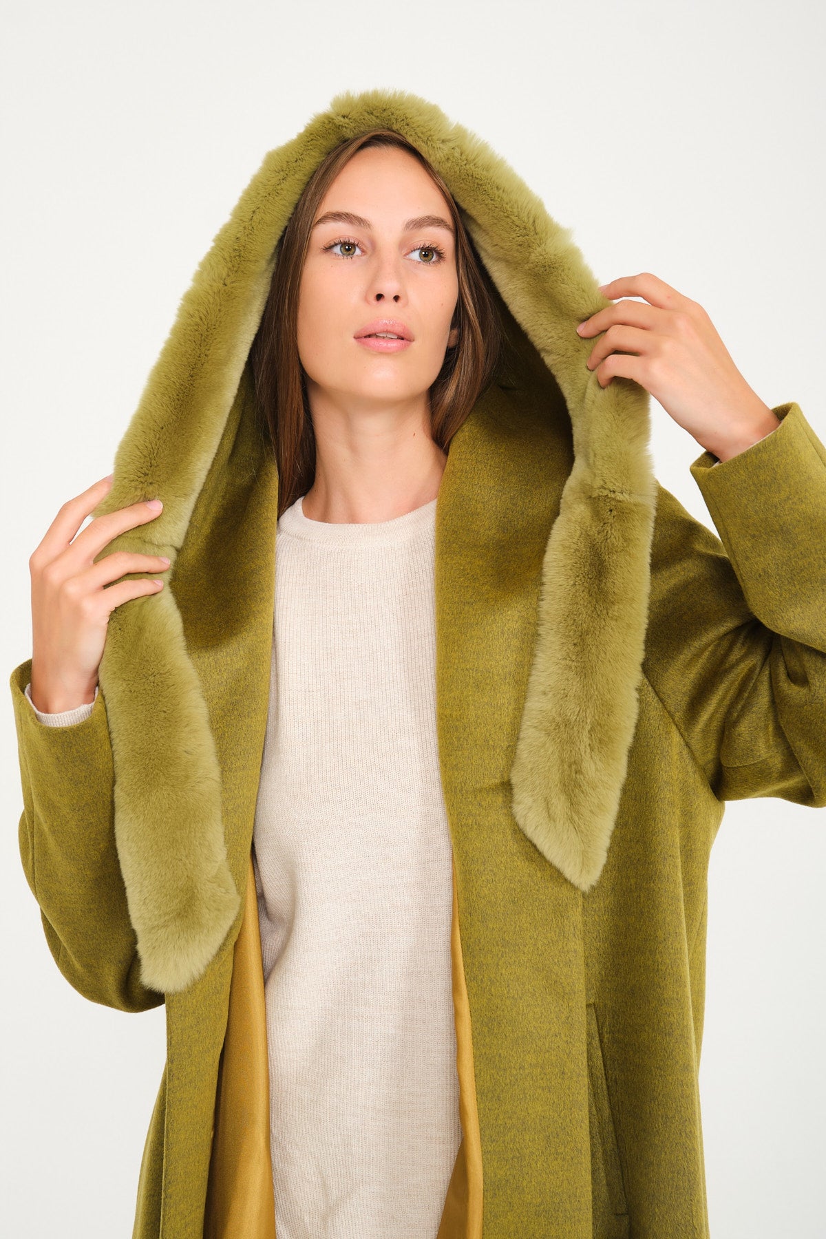 Green Hooded Wool Rex Fur Abaya