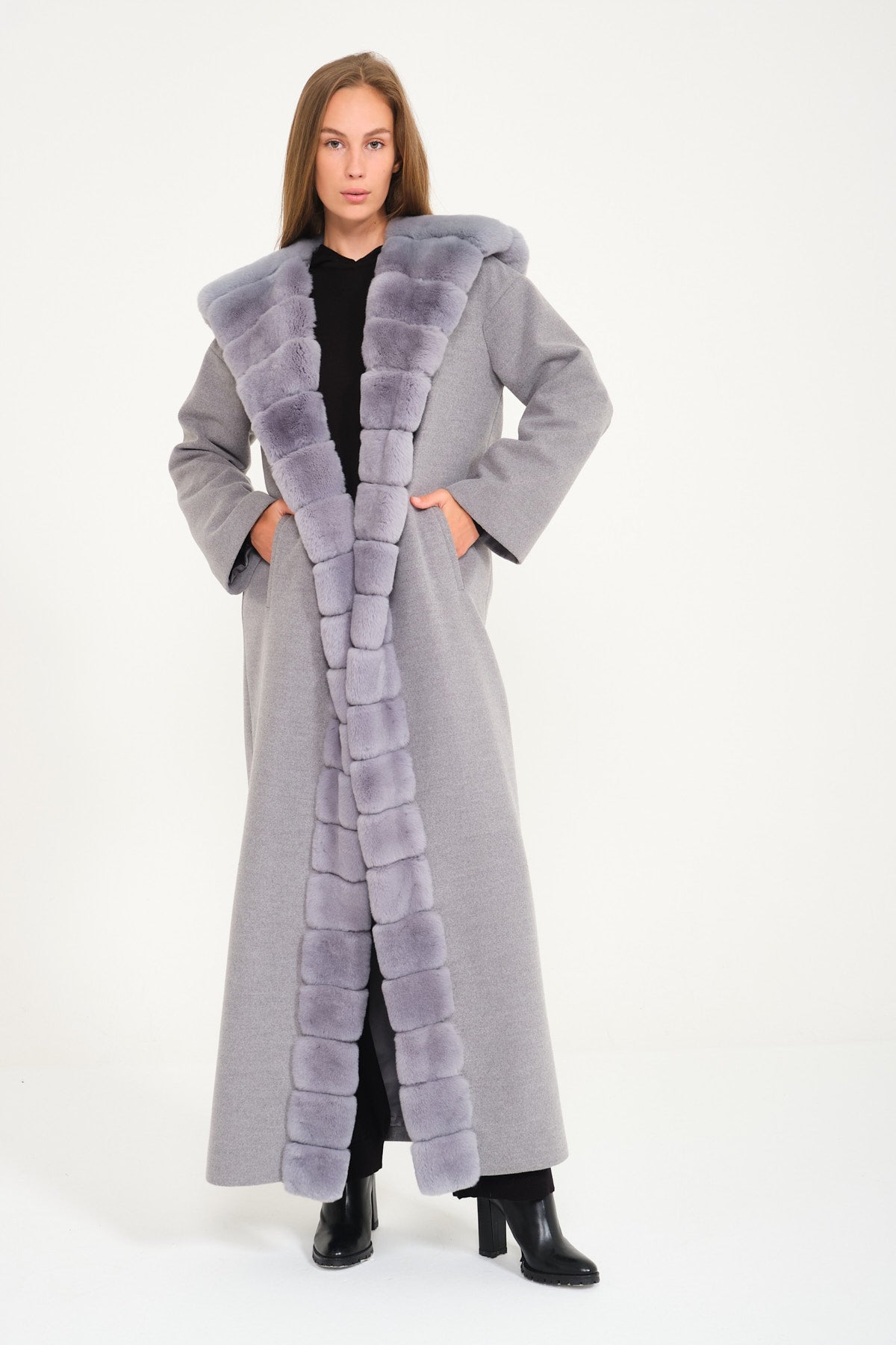 Light Grey Wool Rex Fur Abaya