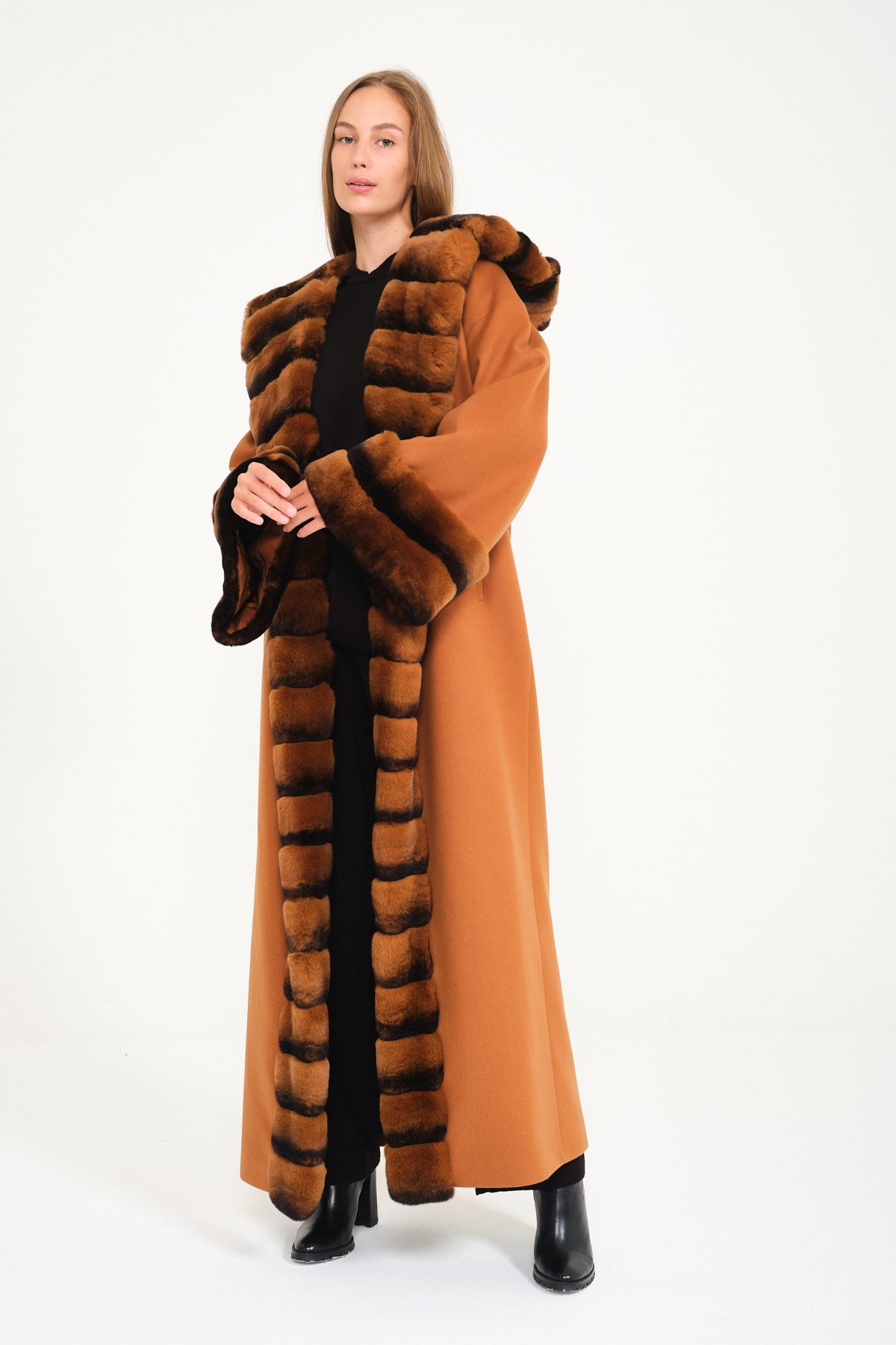 Tobacco Color Hooded Wool Rex Fur Abaya