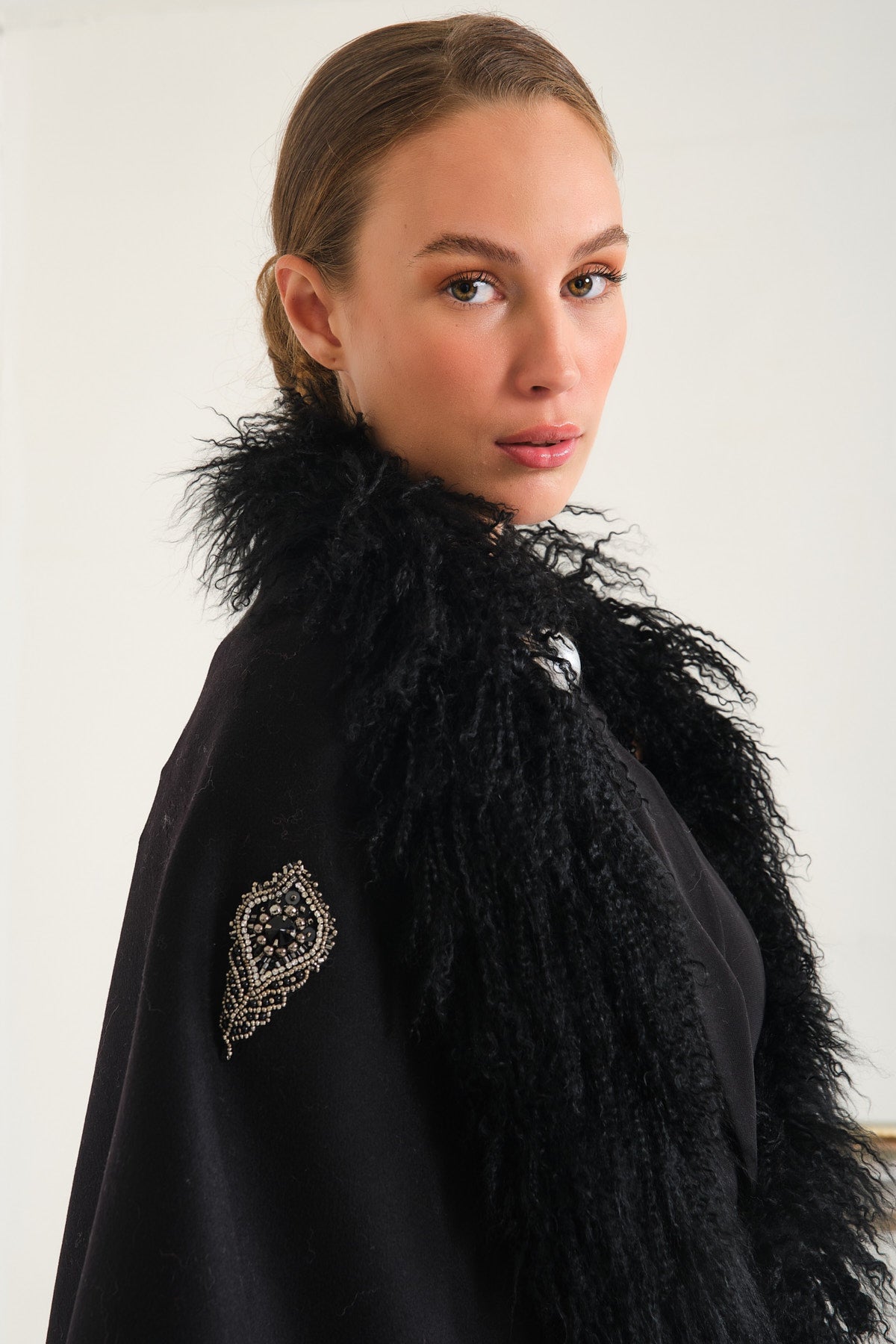 Swarovski Design Black Tibet Fur Wool Shawl
