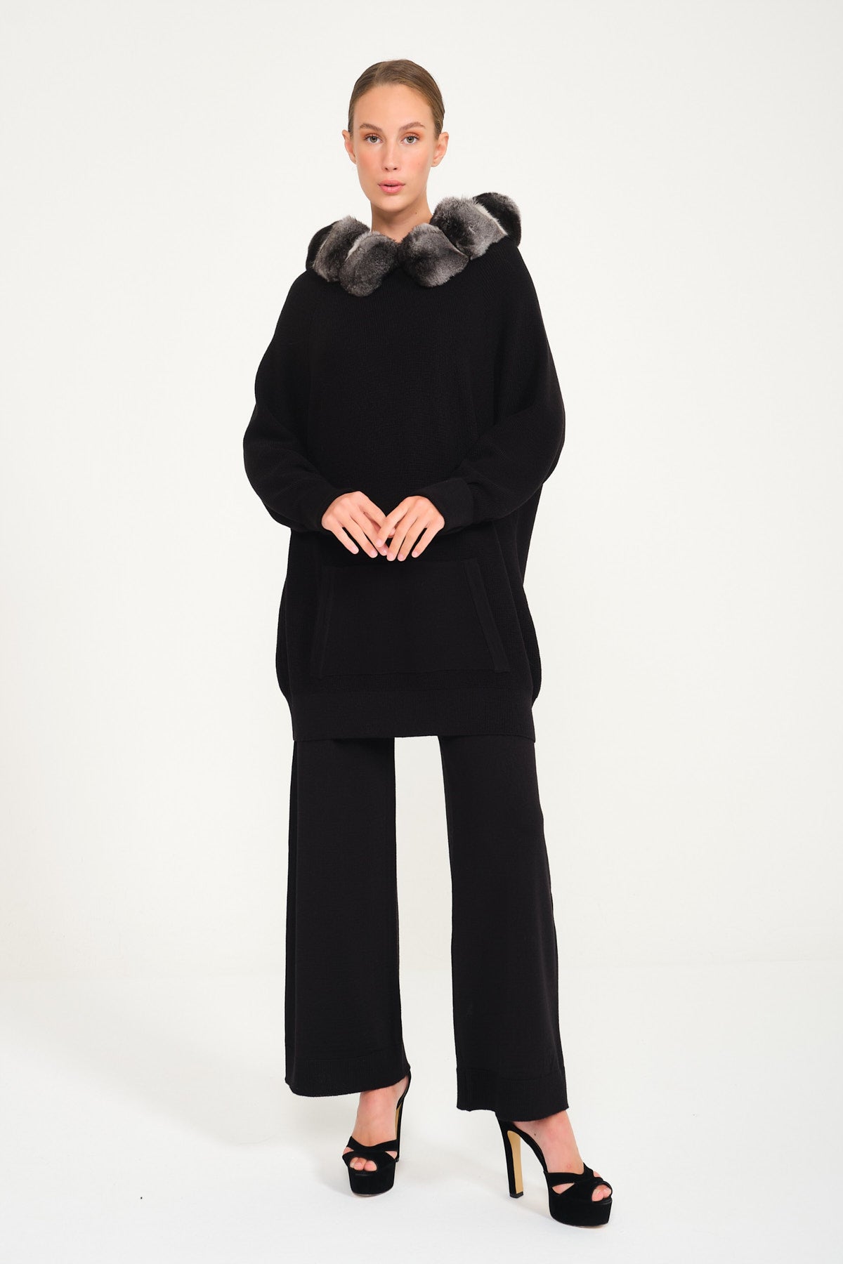 Black Chinchilla Fur Lined Wool Hoodie & Pants Set