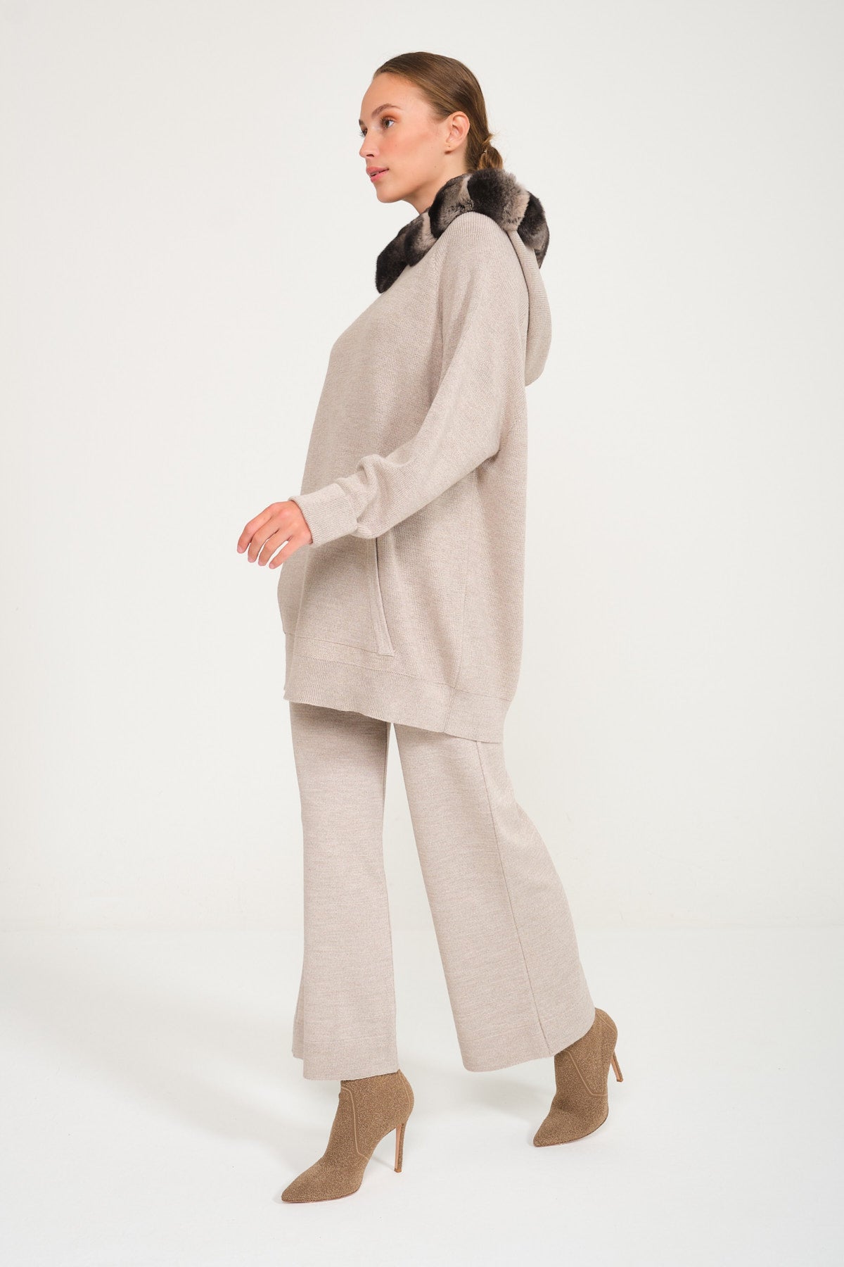Beige Chinchilla Fur Lined Wool Hoodie & Pants Set