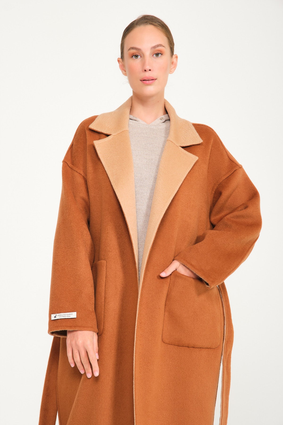 Beige / Cinnamon Wool Long Coat