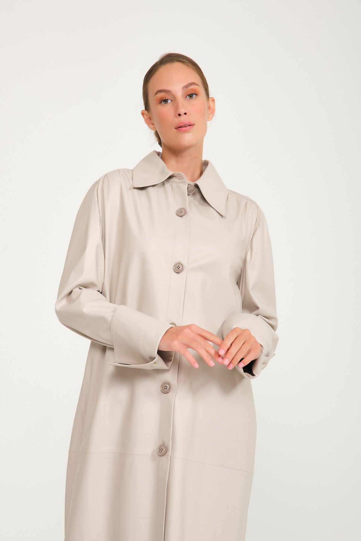 Cream Color Long Leather Trenchcoat