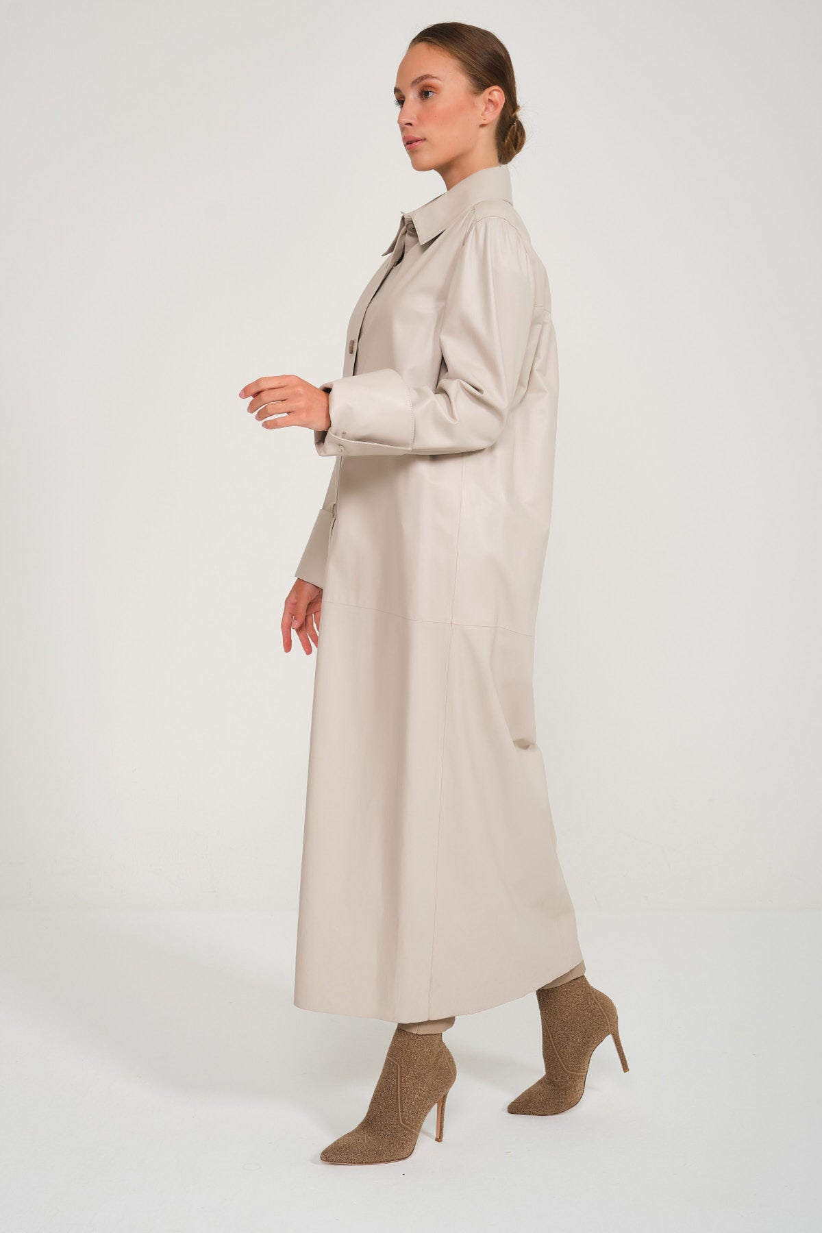Cream Color Long Leather Trenchcoat