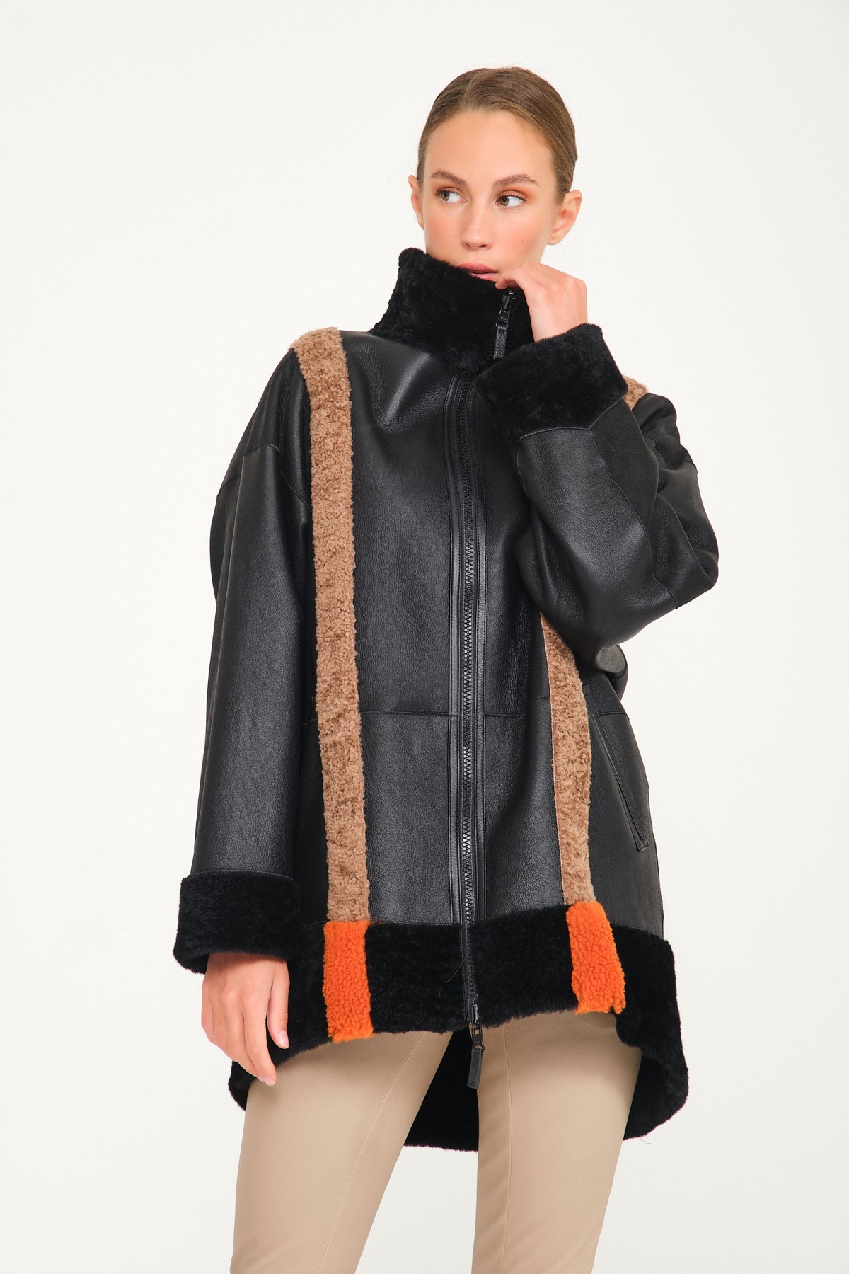 Black Shearling Double Face Leather & Fur Coat