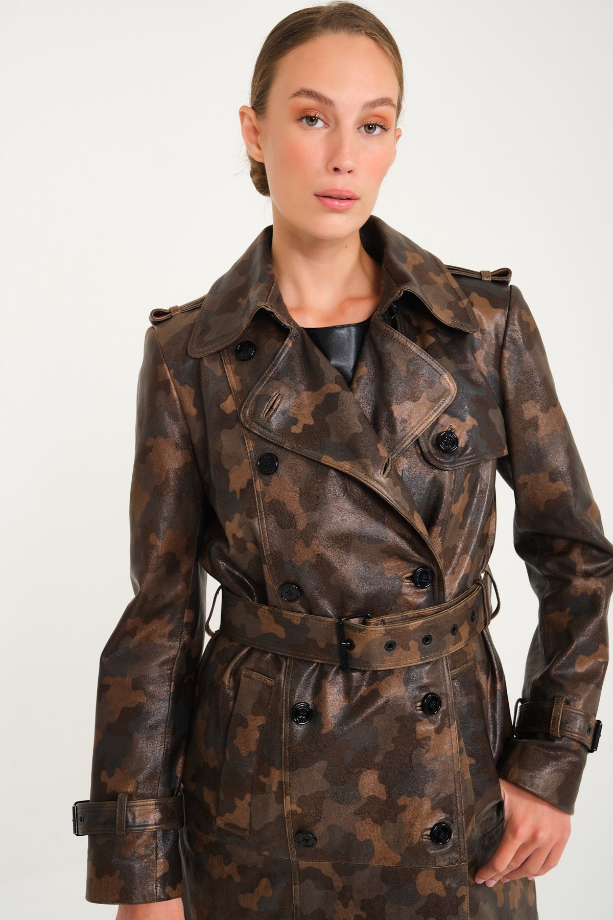 Camouflage Leather Trench Coat