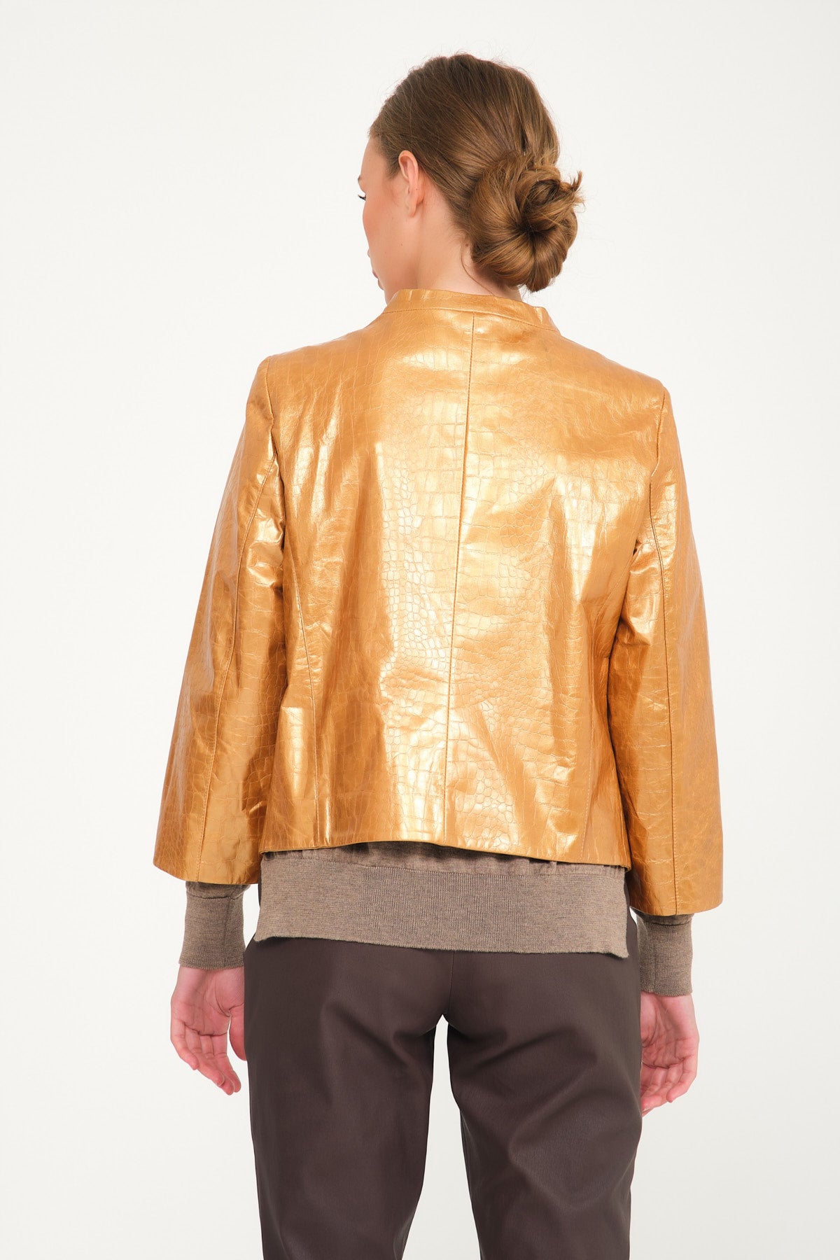 Gold Crocodile Pattern Leather Jacket