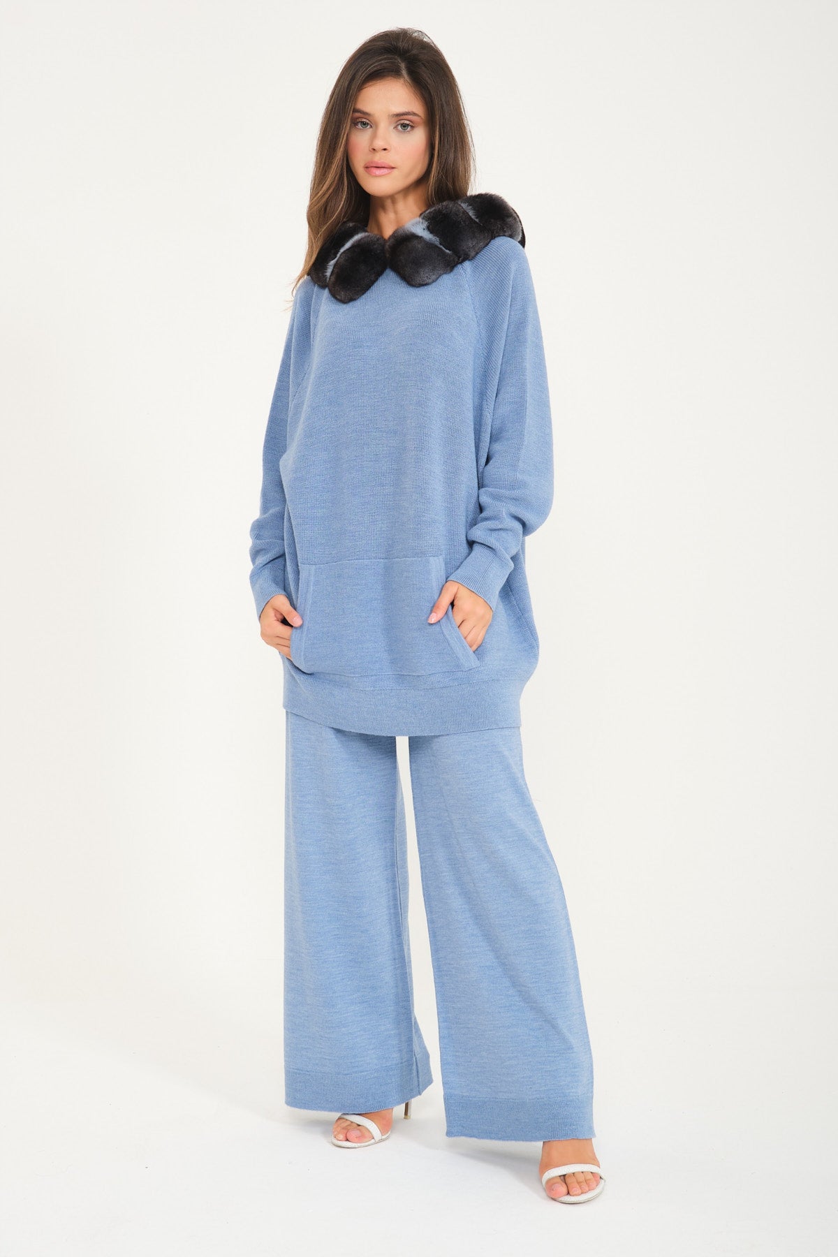 Baby Blue Chinchilla Fur Lined Wool Hoodie & Pants Set