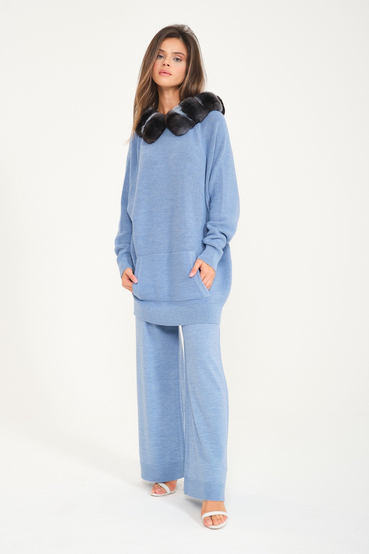 Baby Blue Chinchilla Fur Lined Wool Hoodie & Pants Set